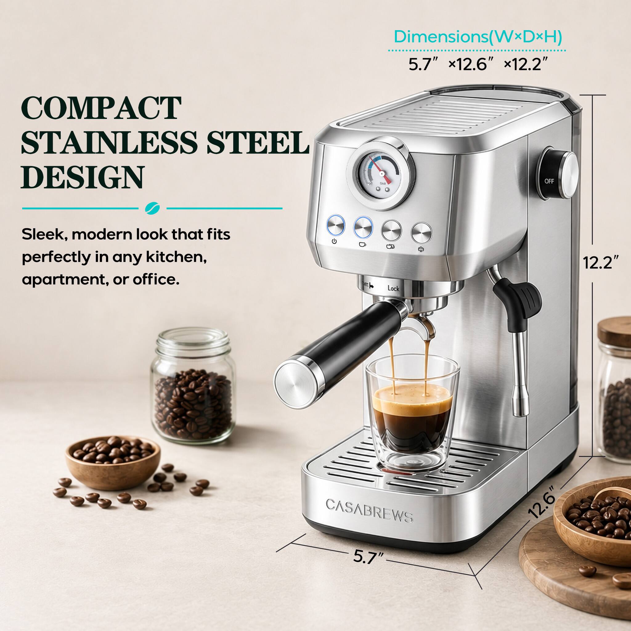 Dimensions (WxDxH) 5.7" x 12.6" x 12.2"

COMPACT STAINLESS STEEL DESIGN

Sleek, modern look that fits perfectly in any kitchen, apartment, or office.