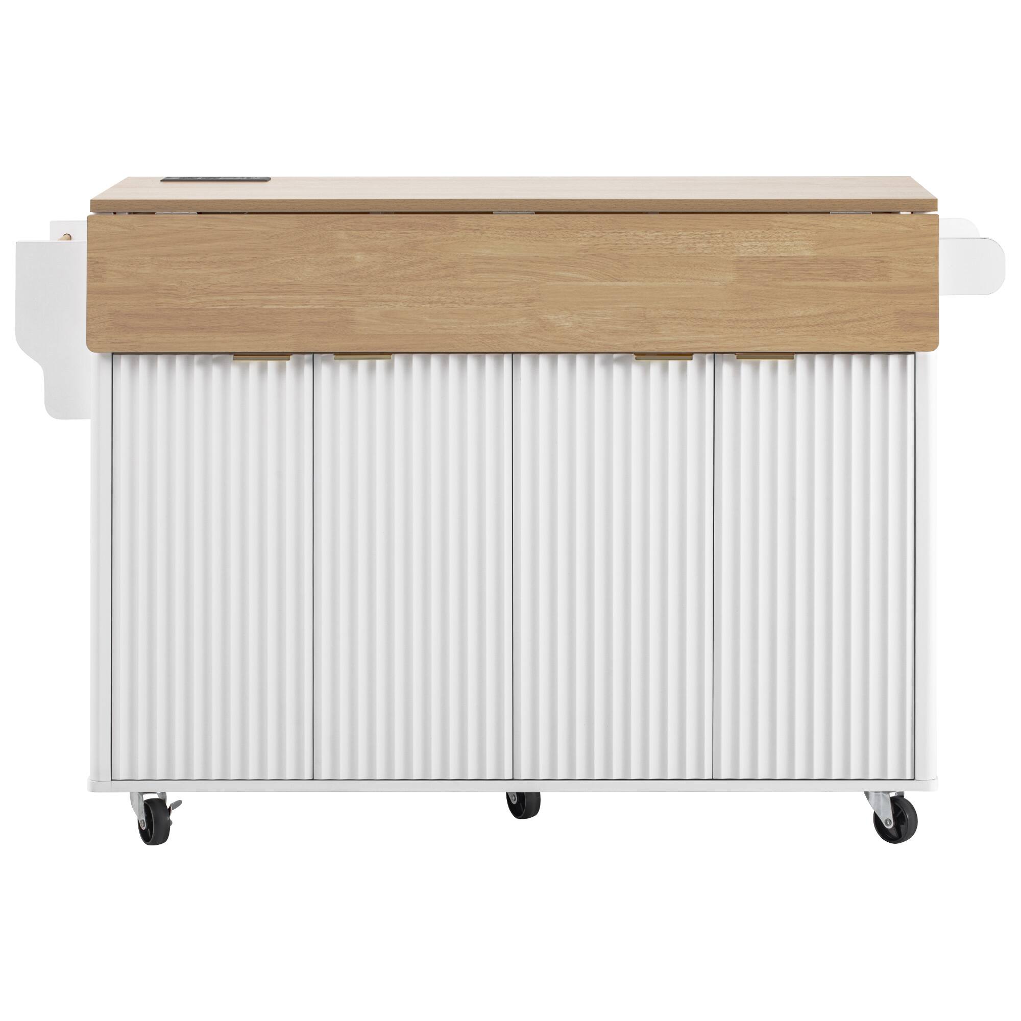 Alt View 1. Forest'nSky - 55.5" Fluted Kitchen Island, 4 Doors & Spice Rack, 2 Drop Leaf with Wood-Grain Top, Curved Edge, White - White.