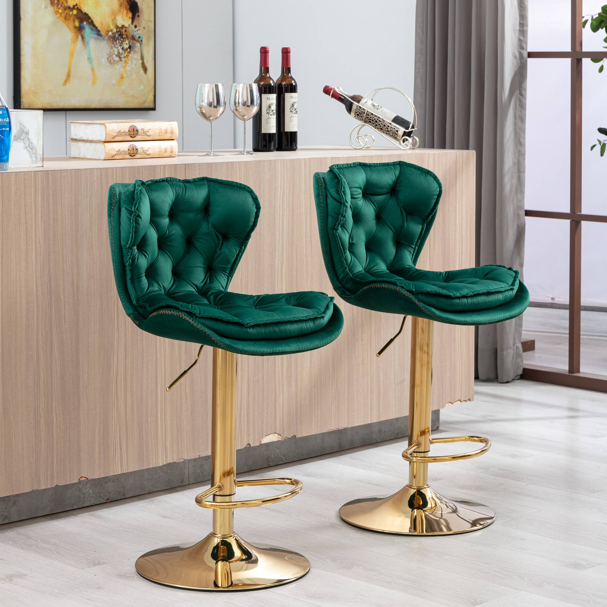 Alt View 1. Trinkets Crazed - Bar Stools Set of 2, Velvet Counter Height Adjustable Barstools, Upholstered Swivel Dining Bar Chairs - Green.