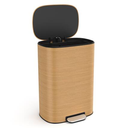 Front. GOODSILO - 13 Gallon Kitchen Foot Pedal Trash Can - Stainless Steel Ellipse Waste Bin - Wood Accent - Wood.