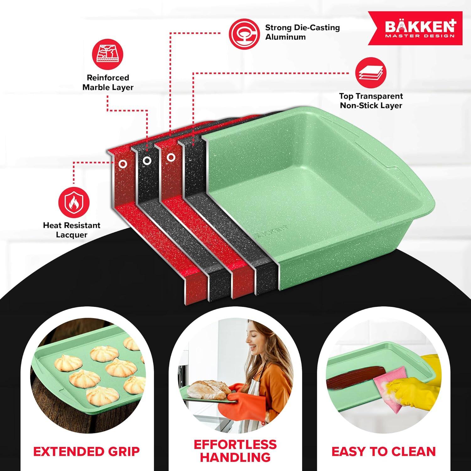 Strong Die-Casting Aluminum, Reinforced Marble Layer, Top Transparent Non-Stick Layer, Heat Resistant Lacquer, Extended Grip, Effortless Handling, Easy to Clean