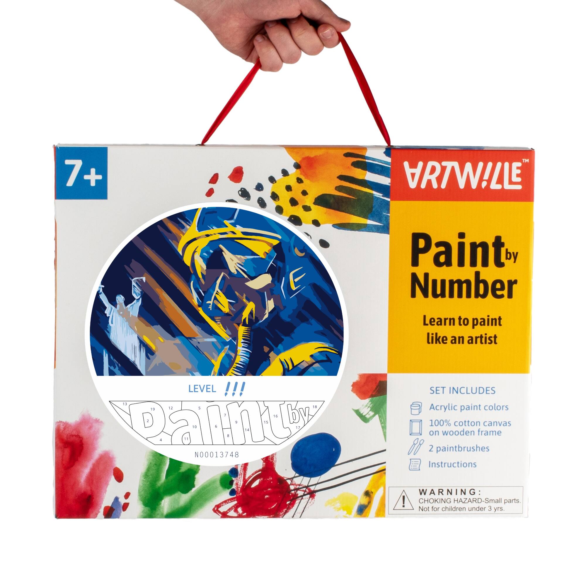 7+ + TM Paint by Number Learn to paint like an artist LEVEL !!! 1 - Paint N00013748 SET INCLUDES Acrylic paint colors 100% cotton canvas on wooden frame 2 paintbrushes Instructions WARNING: CHOKING HAZARD-Small parts. Not for children under 3 yrs.