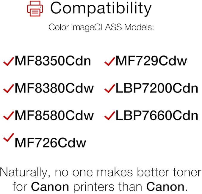 Compatibility  
Color imageCLASS Models:  
- MF8350Cdn  
- MF729Cdw  
- MF8380Cdw  
- LBP7200Cdn  
- MF8580Cdw  
- LBP7660Cdn  
- MF726Cdw  

Naturally, no one makes better toner for Canon printers than Canon.