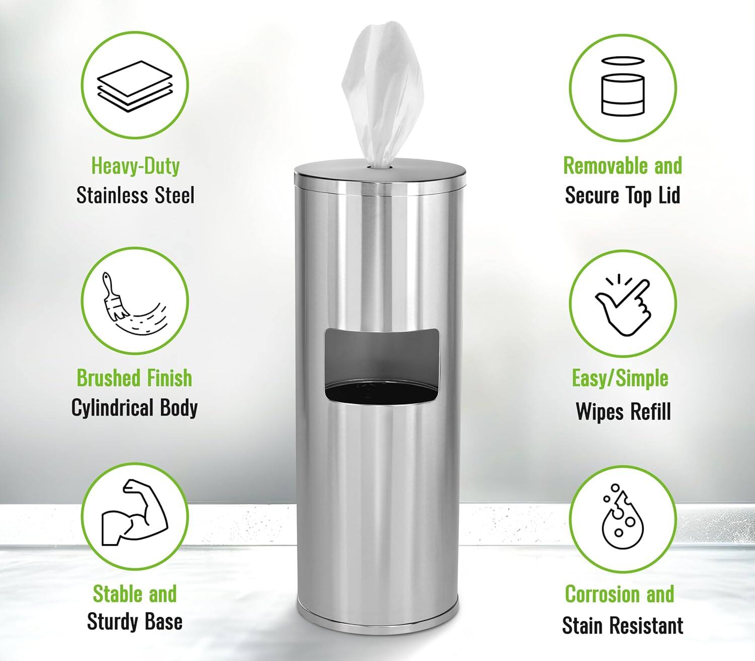 Heavy-Duty Stainless Steel, Brushed Finish Cylindrical Body, Stable and Sturdy Base, Removable and Secure Top Lid, Easy/Simple Wipes Refill, Corrosion and Stain Resistant