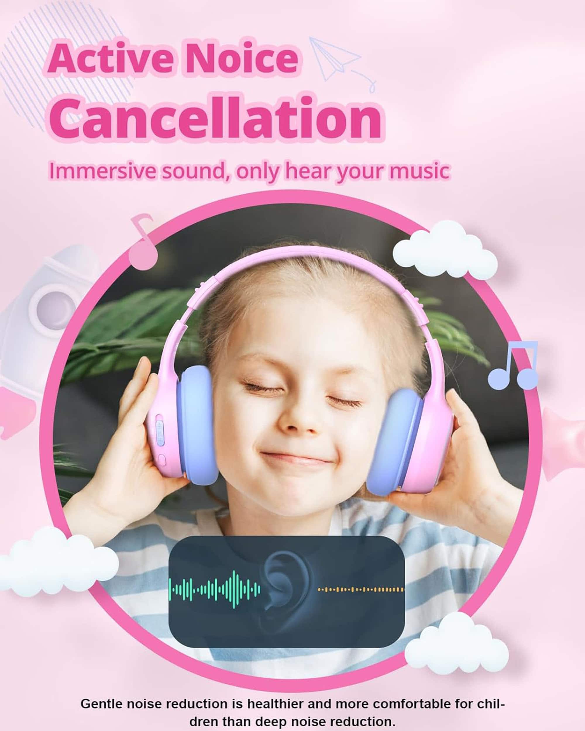 Active Noise Cancellation Immersive sound, only hear your music Gentle noise reduction is healthier and more comfortable for children than deep noise reduction.