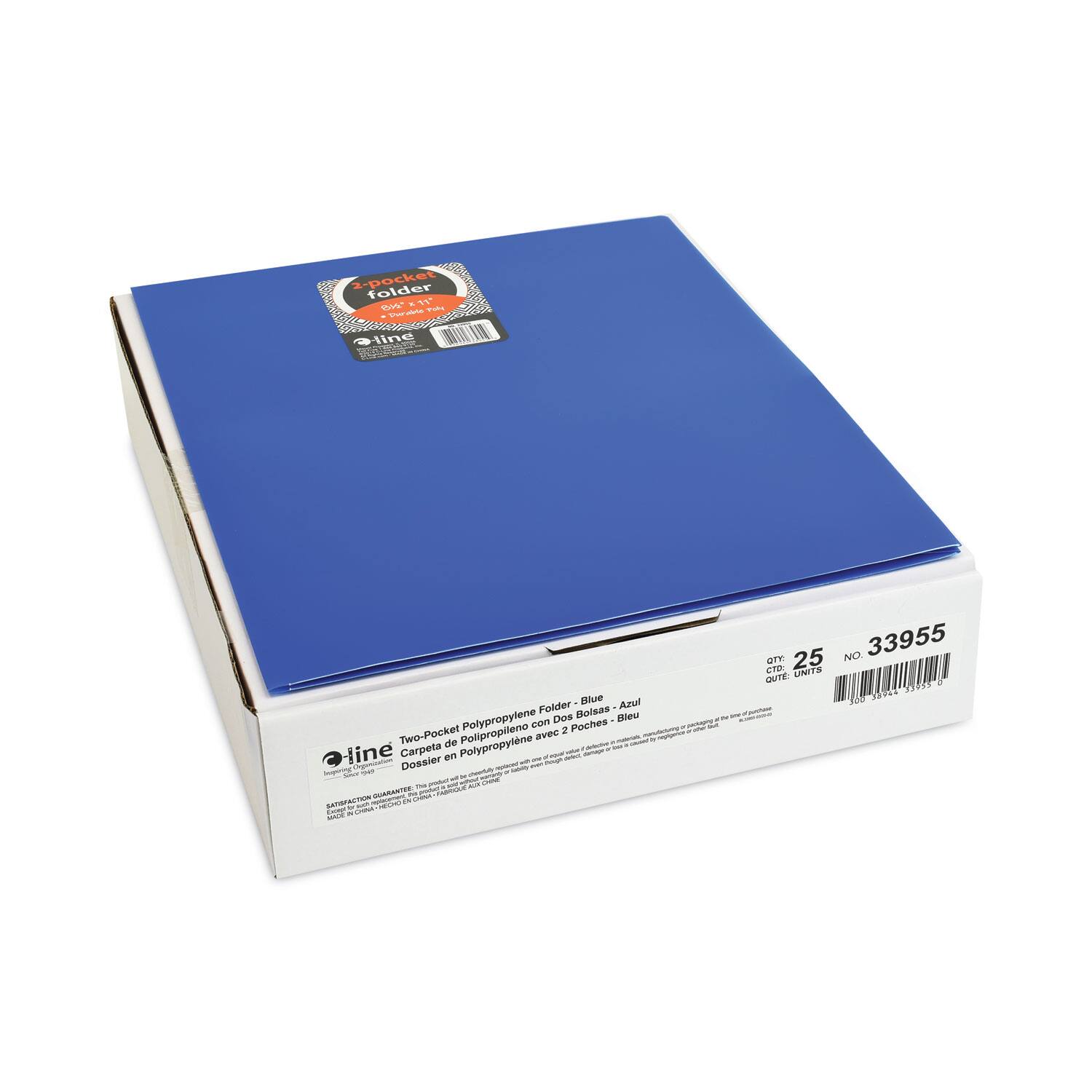 1. Two-Pocket Polypropylene Folder - Blue
   - Poches en Polypropylène - Bleu
   - Carpeta de Polipropileno con 2 Pochas - Azul
   - Dossier en Polypropileno con 2 Pochas - Azul

2. 25 Units
   - 25 UNITS

3. No. 33955

4. i-line
   - i-line

5. Two-Pocket Polypropylene Folder - Blue
   - Carpeta de Polipropileno con 2 Pochas - Azul
   - Dossier en Polypropileno avec 2 Poches - Bleu

6. 33955

7. 25

8. i-line