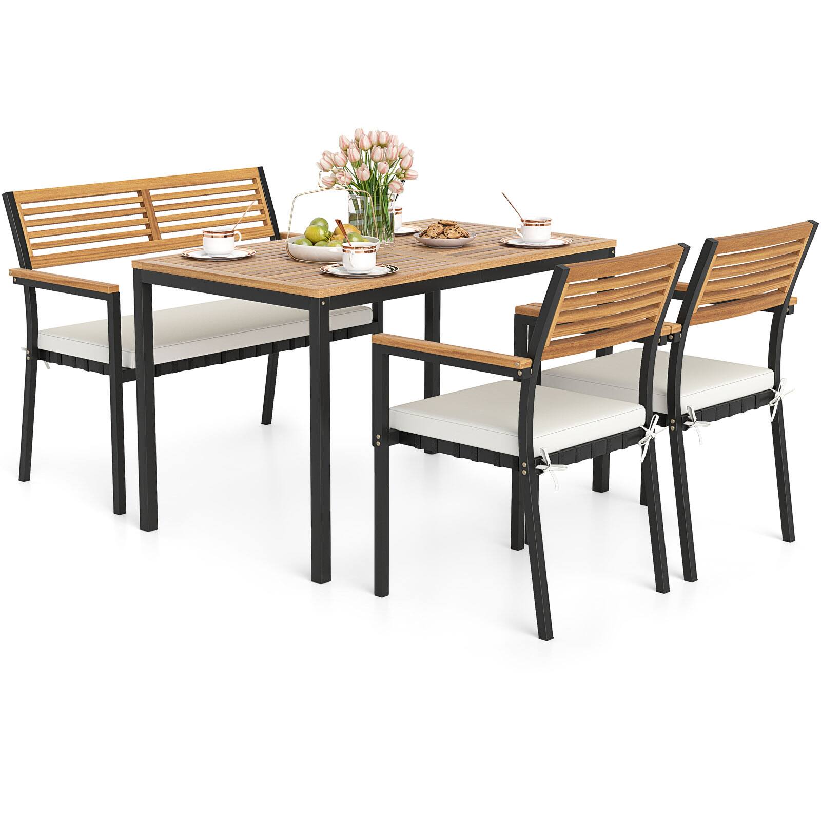 Front. Gymax - Gymax Set Of 4 Patio Furniture Set w/ Acacia Wood & Metal Frame Umbrella 1 table - White.