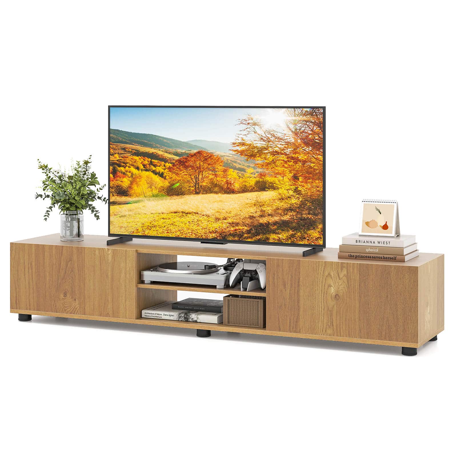 Costway - TV Stand for up to 70" TVs, Media Console Table with Double Doors & Open Shelves - Natural