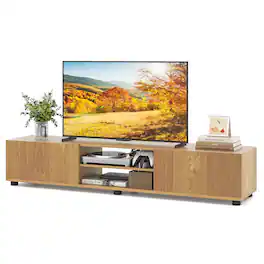Costway - TV Stand for up to 70" TVs, Media Console Table with Double Doors & Open Shelves - Natural