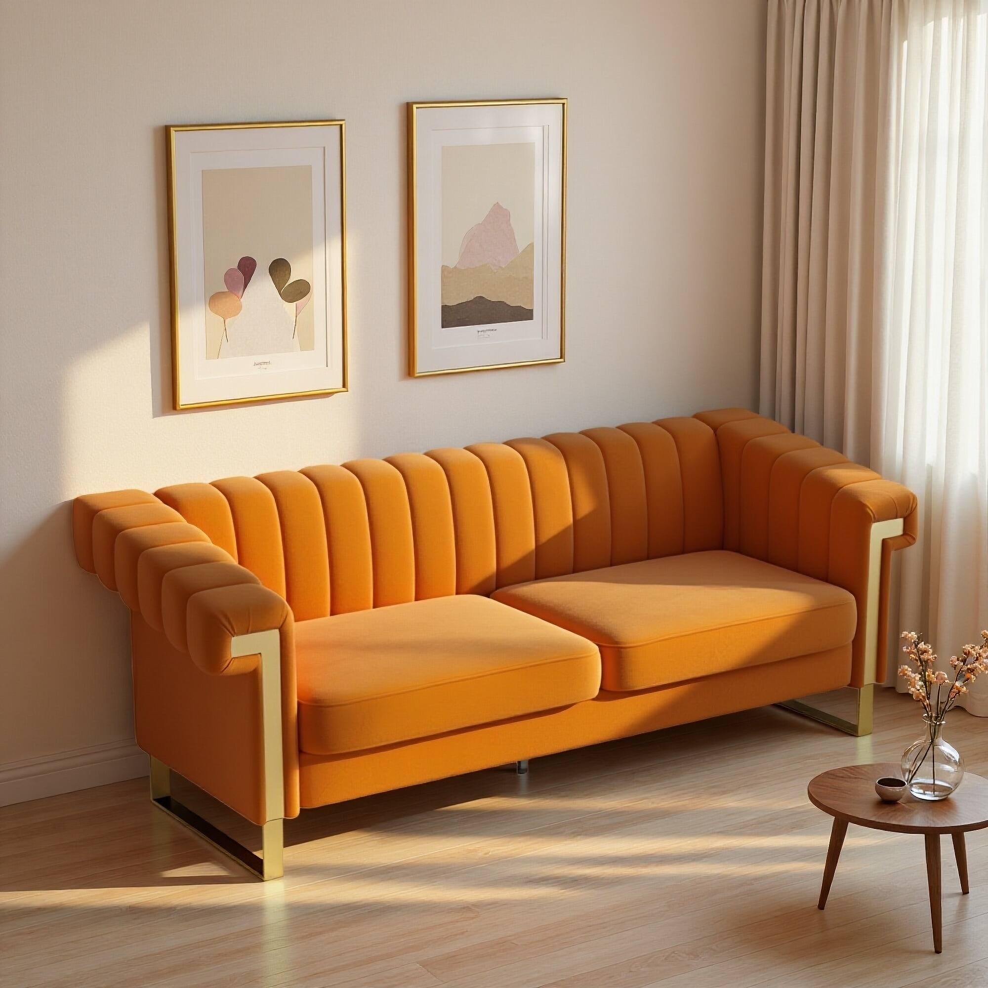 Angle. Anysun - Modern 3-Seat Cream Velvet Sofa with Gold Accents - Channel-Tufted for Living Room & Office. - Orange.