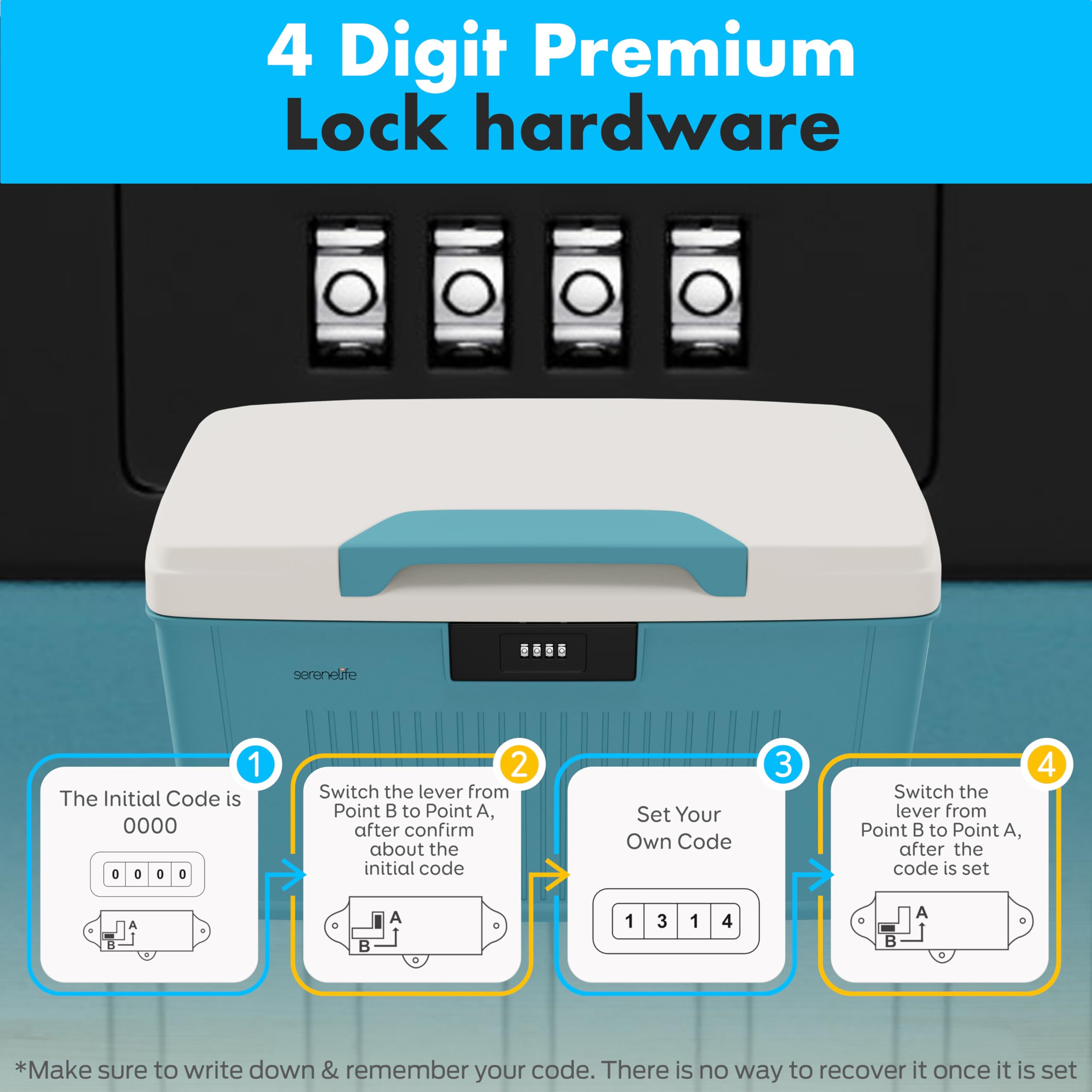 4 Digit Premium Lock hardware

1. The Initial Code is 0000
   - Switch the lever from Point B to Point A, after confirm about the initial code

2. Set Your Own Code
   - Switch the lever from Point B to Point A, after the code is set

3. *Make sure to write down & remember your code. There is no way to recover it once it is set