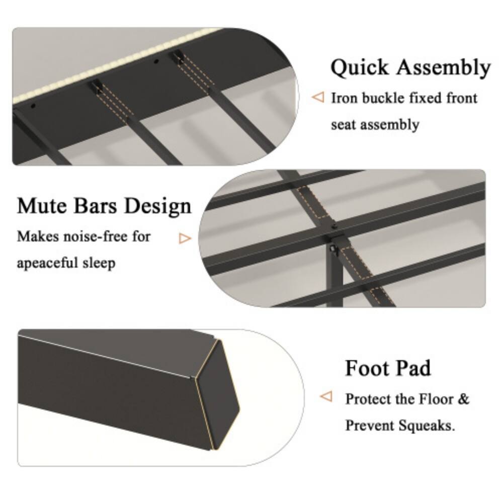 Quick Assembly  
Iron buckle fixed front seat assembly  

Mute Bars Design  
Makes noise-free for a peaceful sleep  

Foot Pad  
Protect the Floor & Prevent Squeaks.