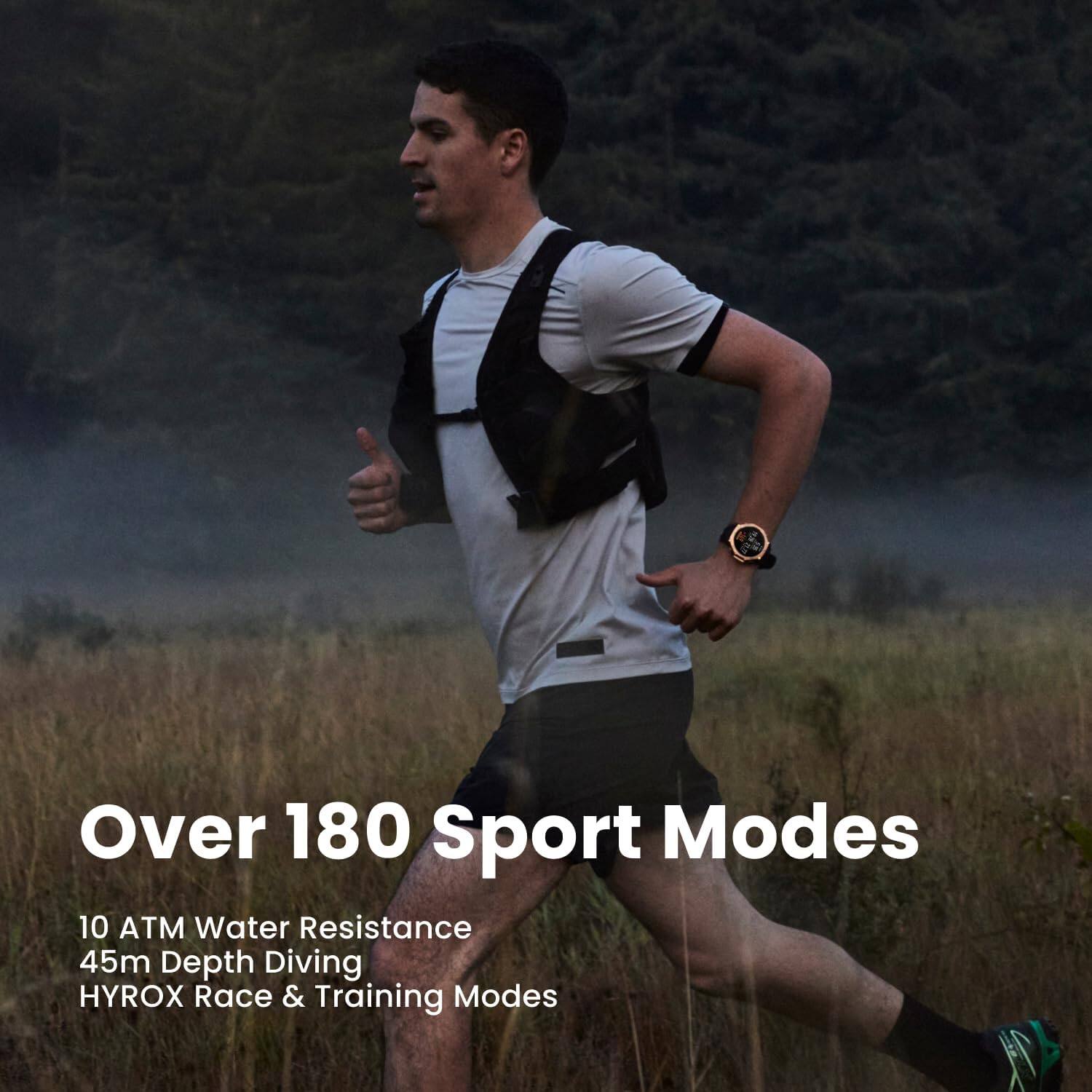 Over 180 Sport Modes

10 ATM Water Resistance  
45m Depth Diving  
HYROX Race & Training Modes