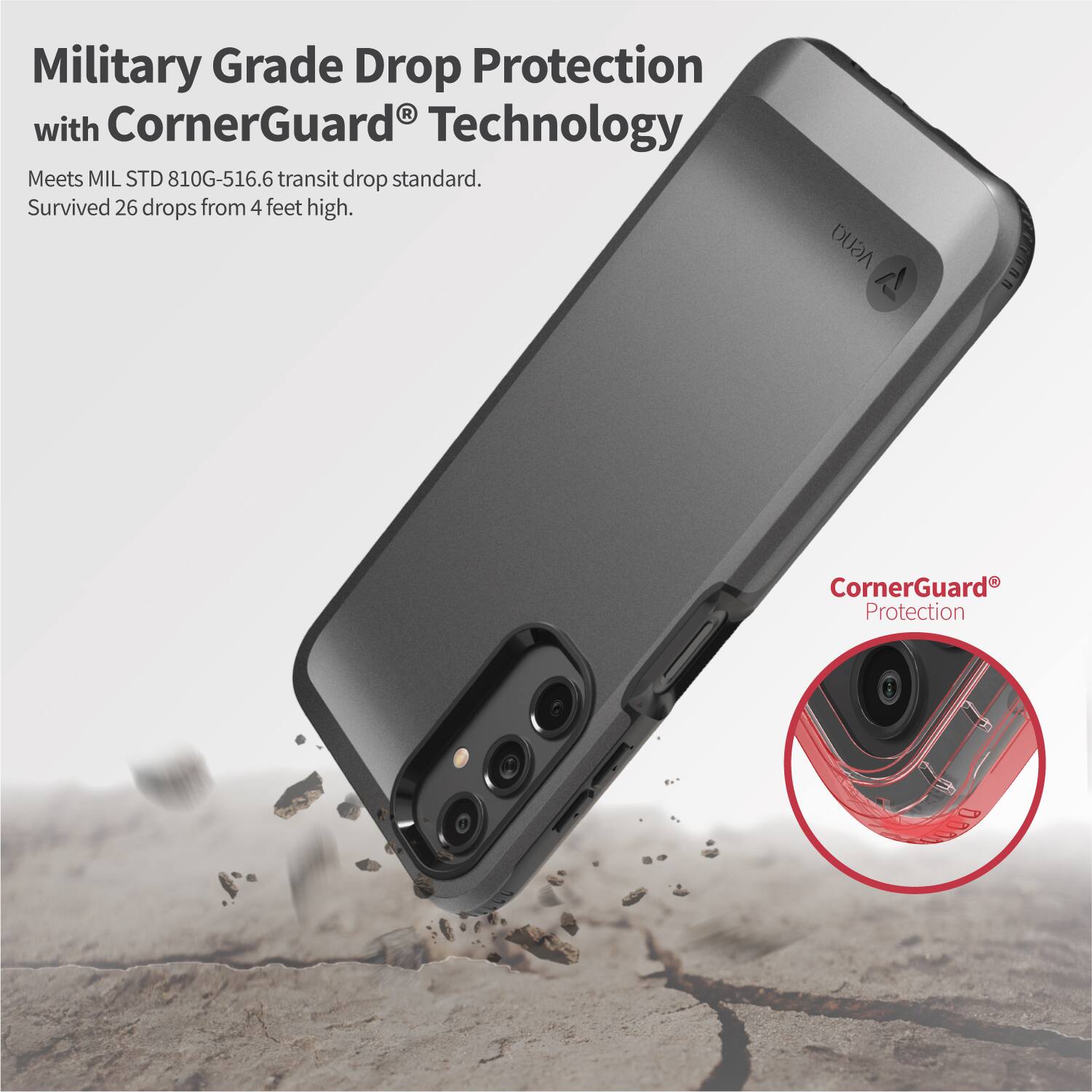 Military Grade Drop Protection with CornerGuard Technology. Meets MIL STD 810G-516.6 transit drop standard. Survived 26 drops from 4 feet high. CornerGuard Protection.