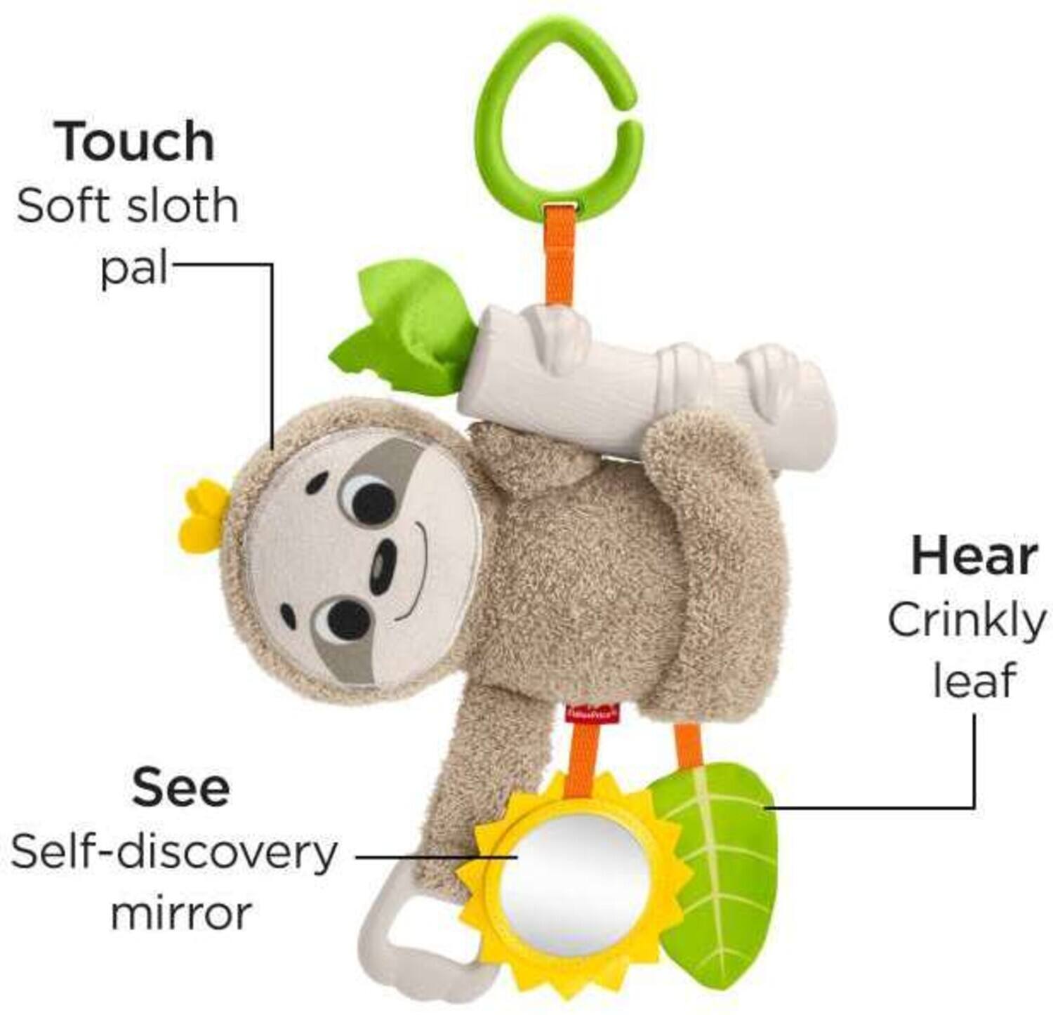 Touch  
Soft sloth pal  

See  
Self-discovery mirror  

Hear  
Crinkly leaf
