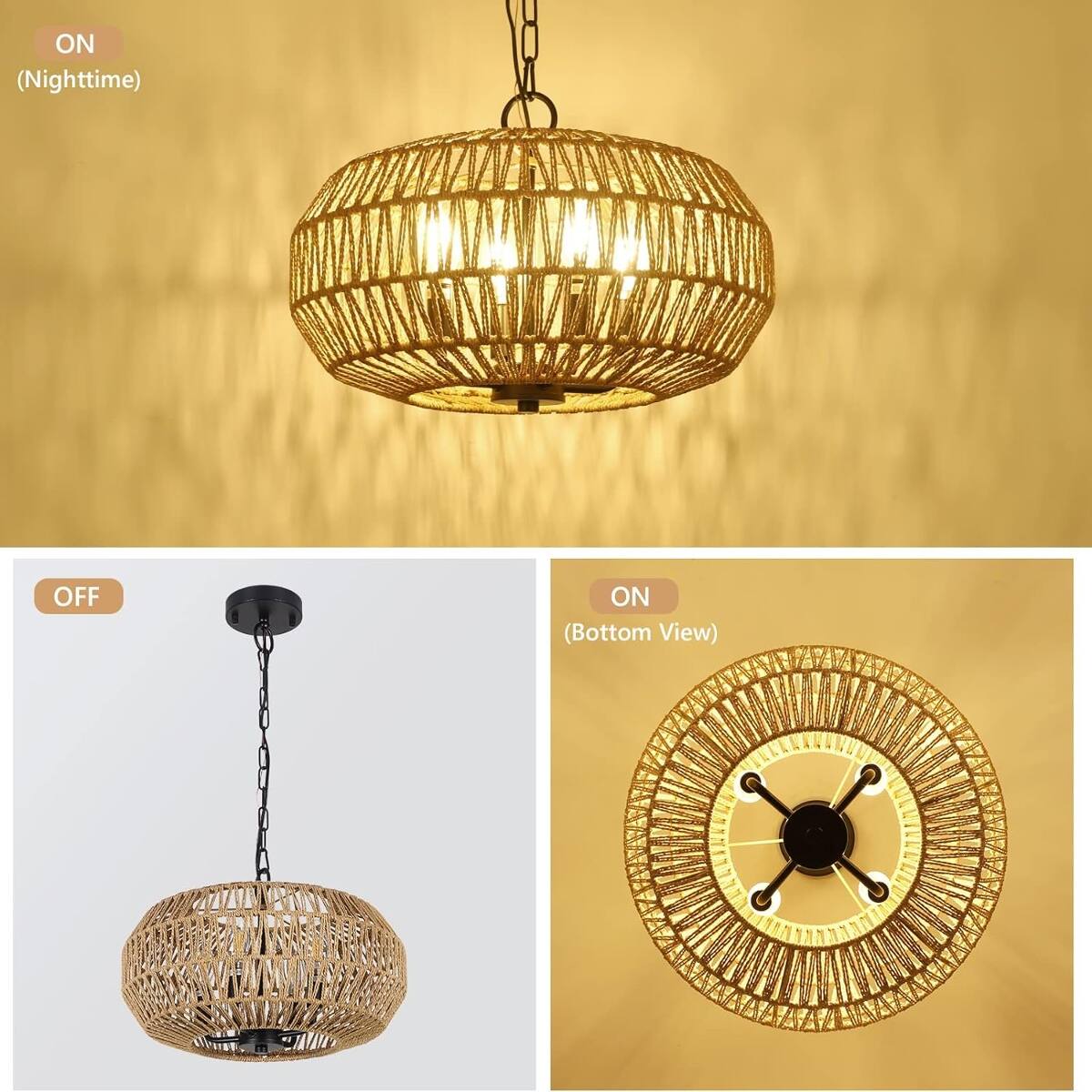 Loheer Boho Farmhouse Chandelier, Hand Woven Rattan Pendant Light, Four ...