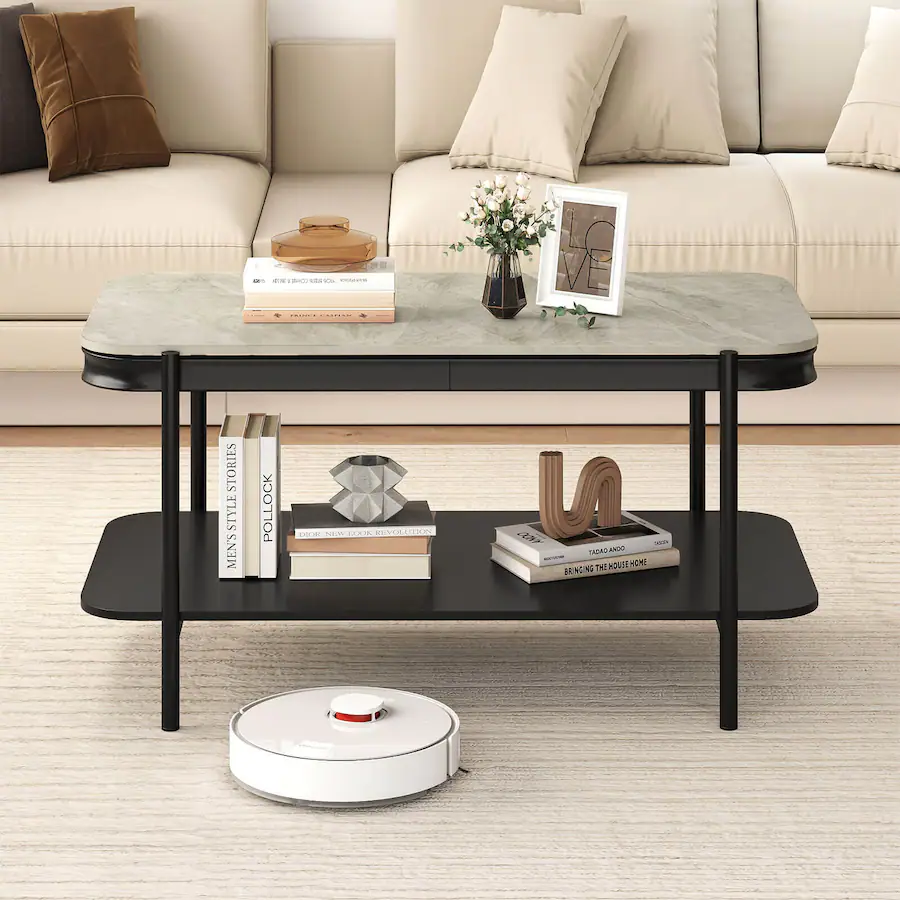 Costway Rectangular Coffee Table, 2 Tier Center Table with Lower Shelf ...