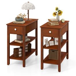 Gymax - 2 PCS Narrow End Tables w/Drawer Shelves & Rubber Wood Legs Sofa Side Table - Brown