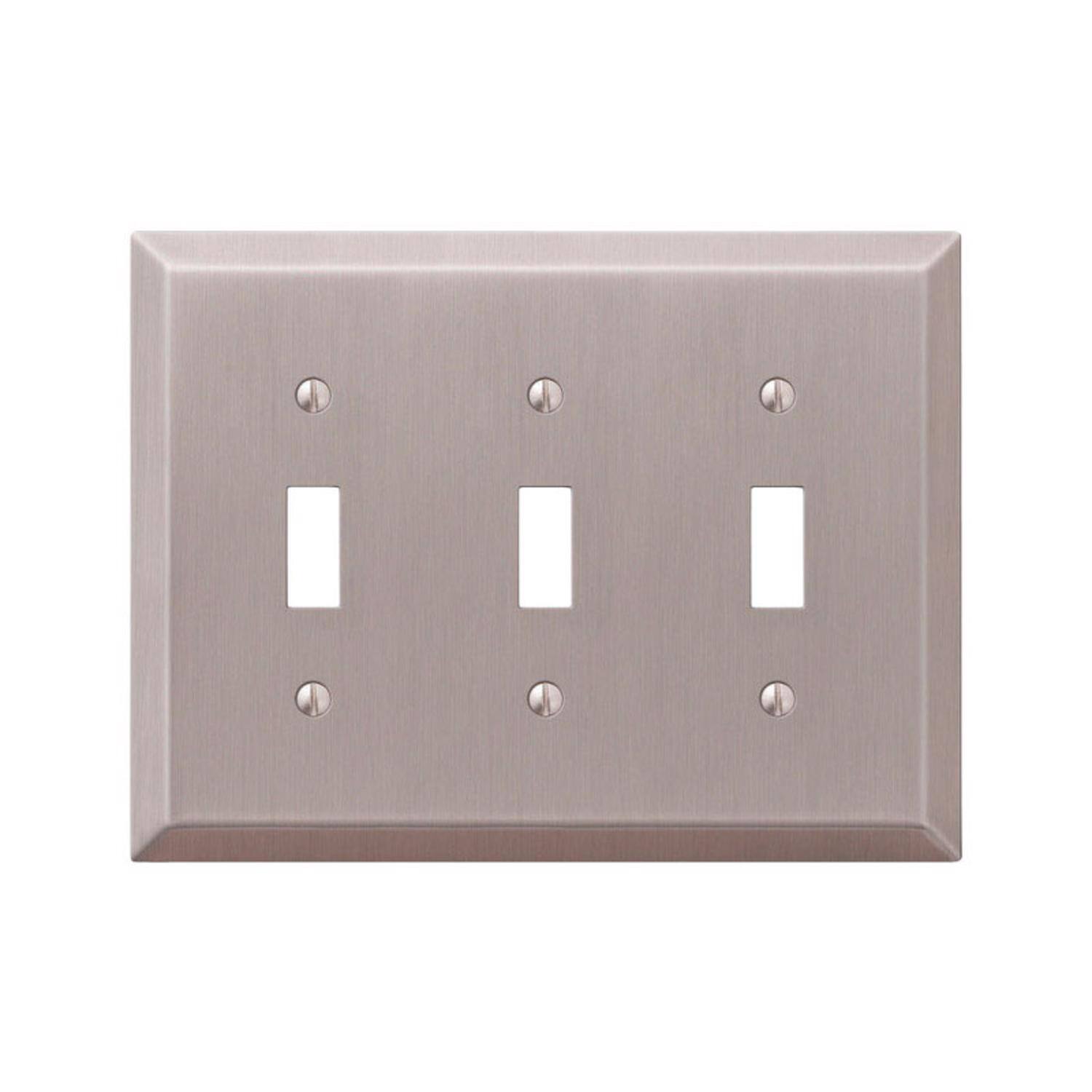 Angle. AMERELLE - Amerelle Century Brushed Nickel 3 gang Stamped Steel Toggle Wall Plate 1 pk - Nickel.