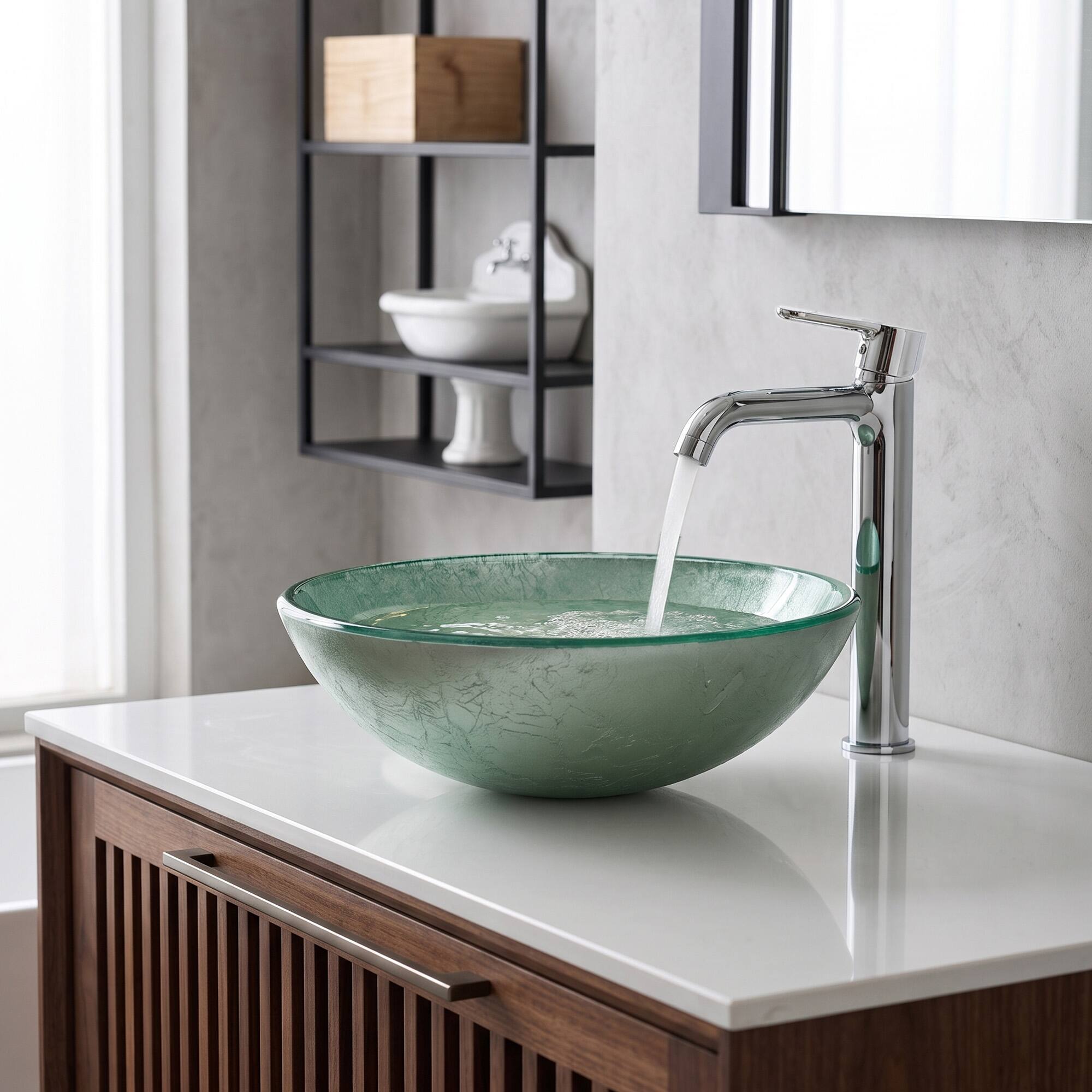 Alt View 2. Boyel Living - Green Ice-Crackle Tempered Glass Vessel Sink Round Artistic Textured Bathroom Sink Bowl Countertop Vanity Basin - Green.