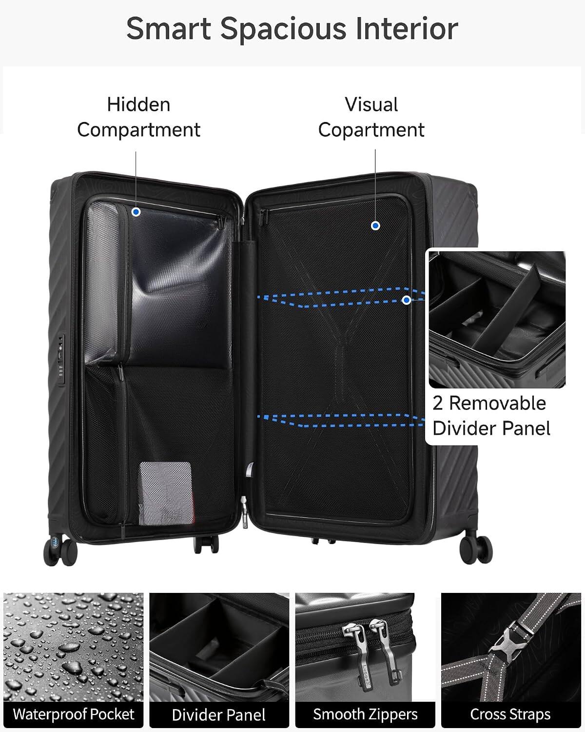 Smart Spacious Interior

- Hidden Compartment
- Visual Compartment
- 2 Removable Divider Panel
- Waterproof Pocket
- Divider Panel
- Smooth Zippers
- Cross Straps