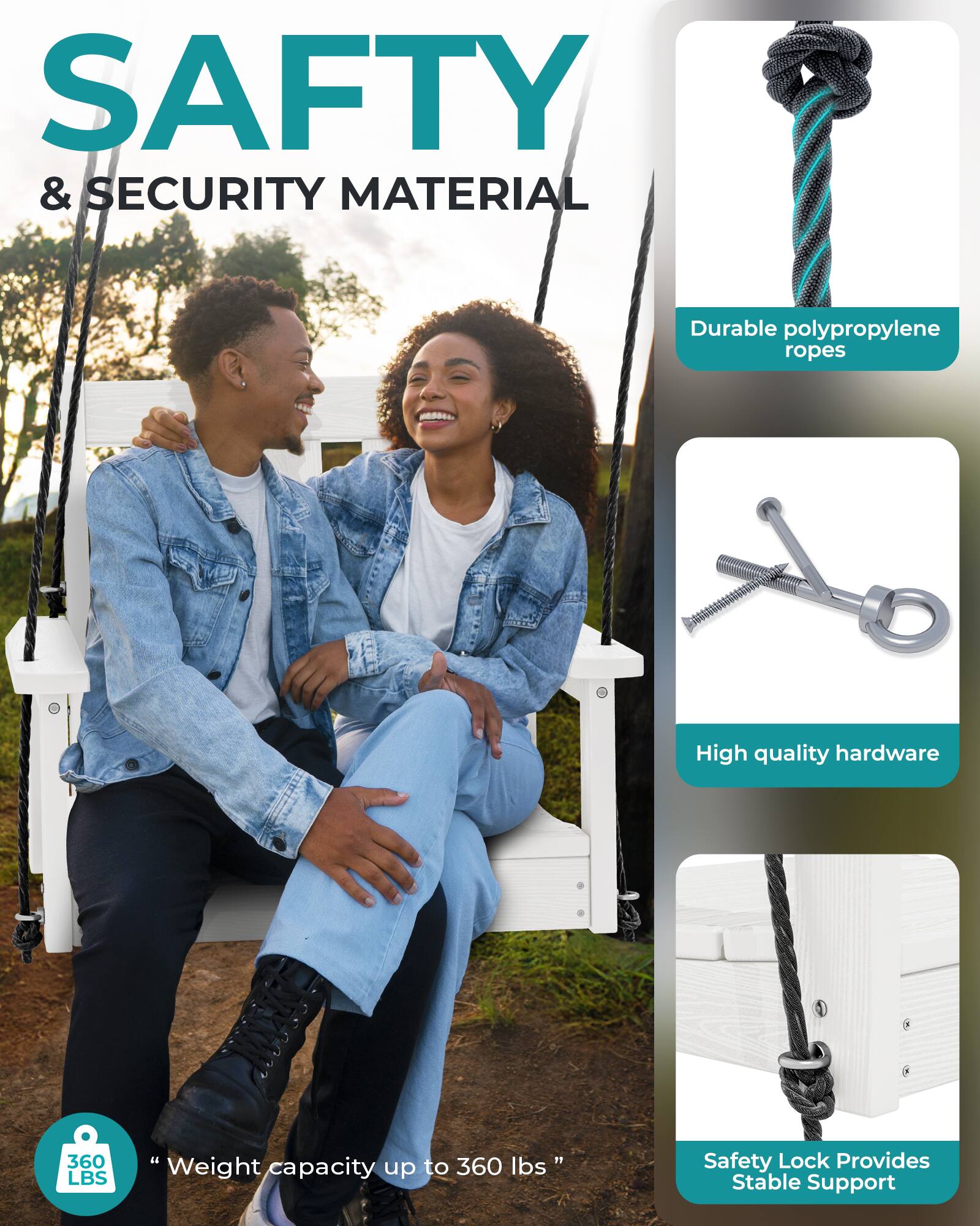 SAFETY & SECURITY MATERIAL

- Durable polypropylene ropes
- High quality hardware
- "Weight capacity up to 360 lbs"
- Safety Lock Provides Stable Support