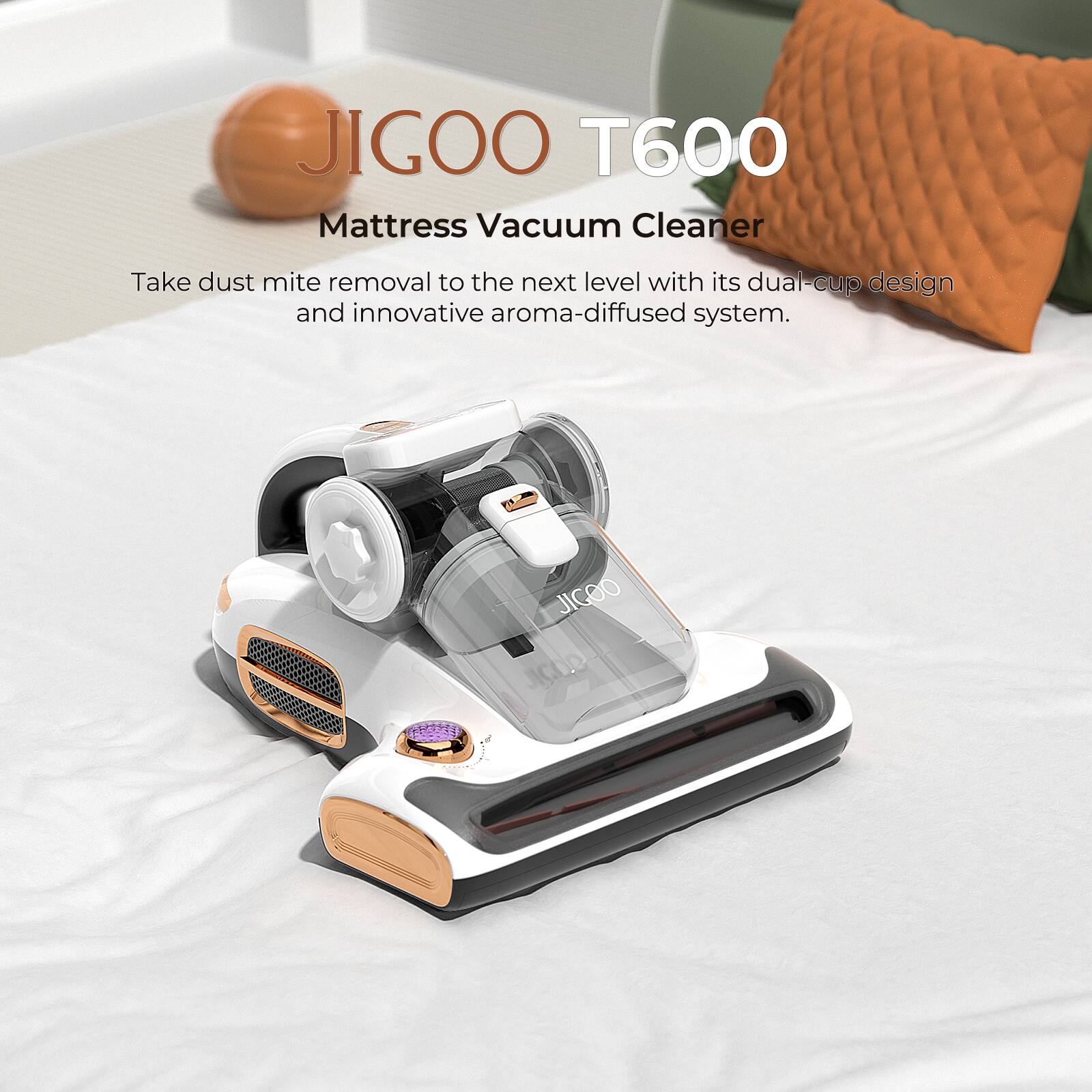 JIGOO T600 Mattress Vacuum Cleaner: Take dust mite removal to the next level with its dual cup design and innovative aroma-diffused system.