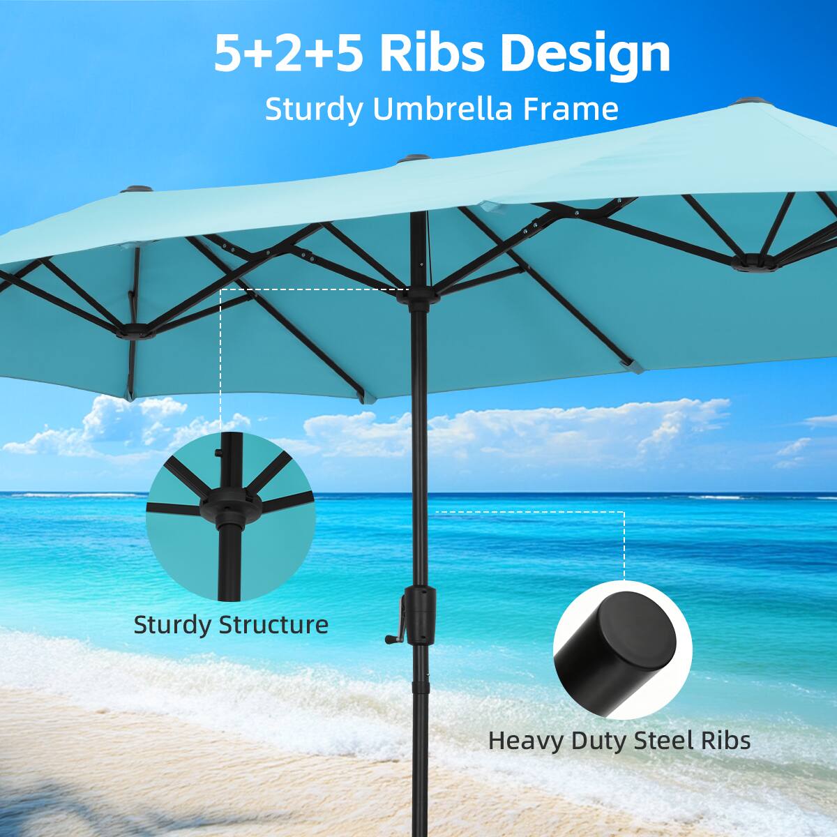 5+2+5 Ribs Design  
Sturdy Umbrella Frame  
Sturdy Structure  
Heavy Duty Steel Ribs