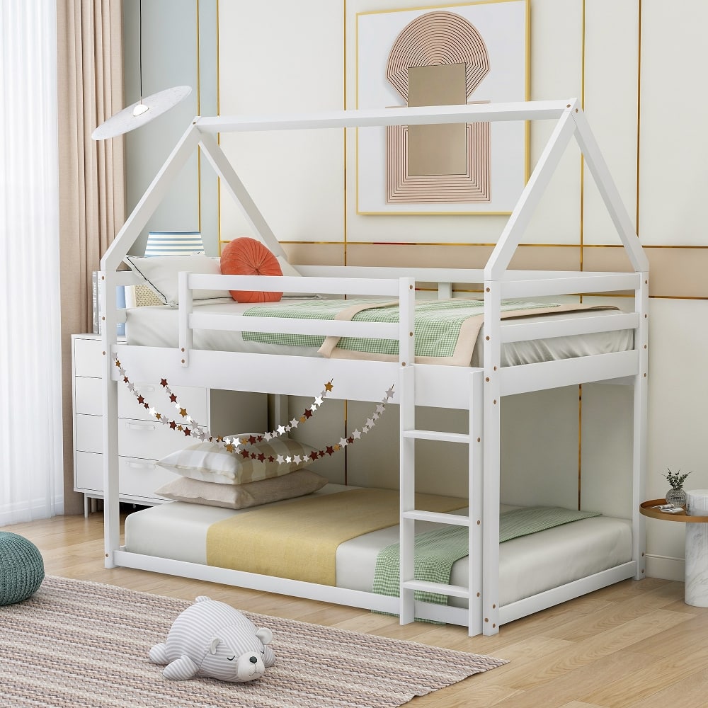 Loheer - Twin Over Twin Low Bunk Bed House Bed with Ladder - White