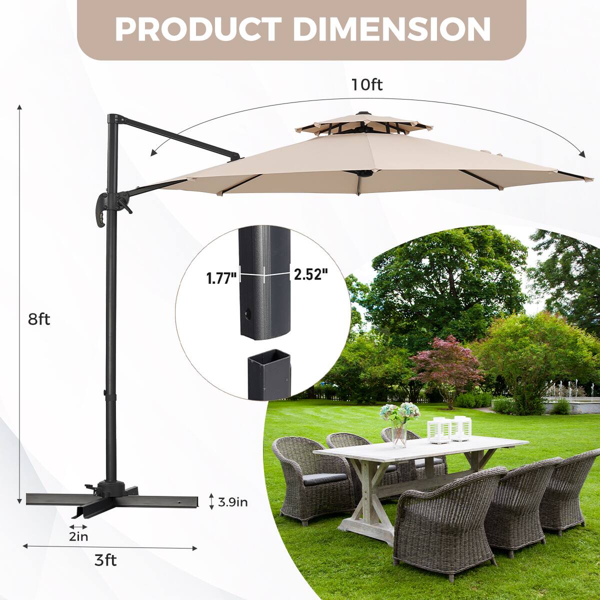 PRODUCT DIMENSION

10ft  
1.77"  
2.52"  
8ft  
3.9in  
2in  
3ft
