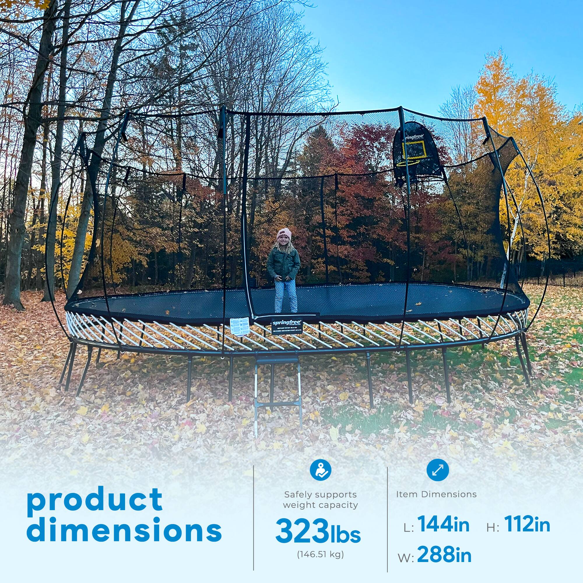 The text on the image can be grouped and corrected as follows:

- **Product Dimensions**
  - Safely supports weight capacity: 323 lbs (146.51 kg)
  - Item Dimensions:
    - Length (L): 144 in
    - Height (H): 112 in
    - Width (W): 288 in