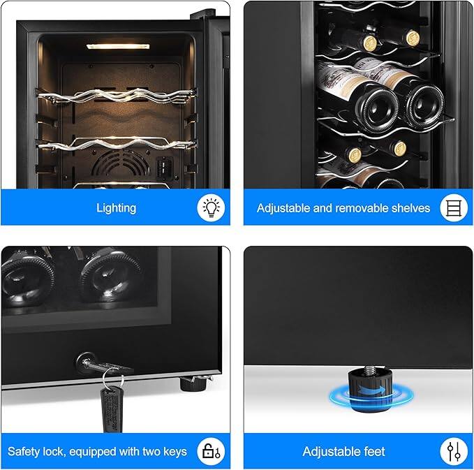 - Lighting
- Adjustable and removable shelves
- Safety lock, equipped with two keys
- Adjustable feet