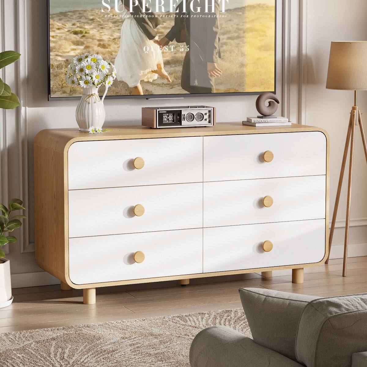 Furnulem Modern 6 Drawer Wide Dresser Storage Chest with Curved Edge ...