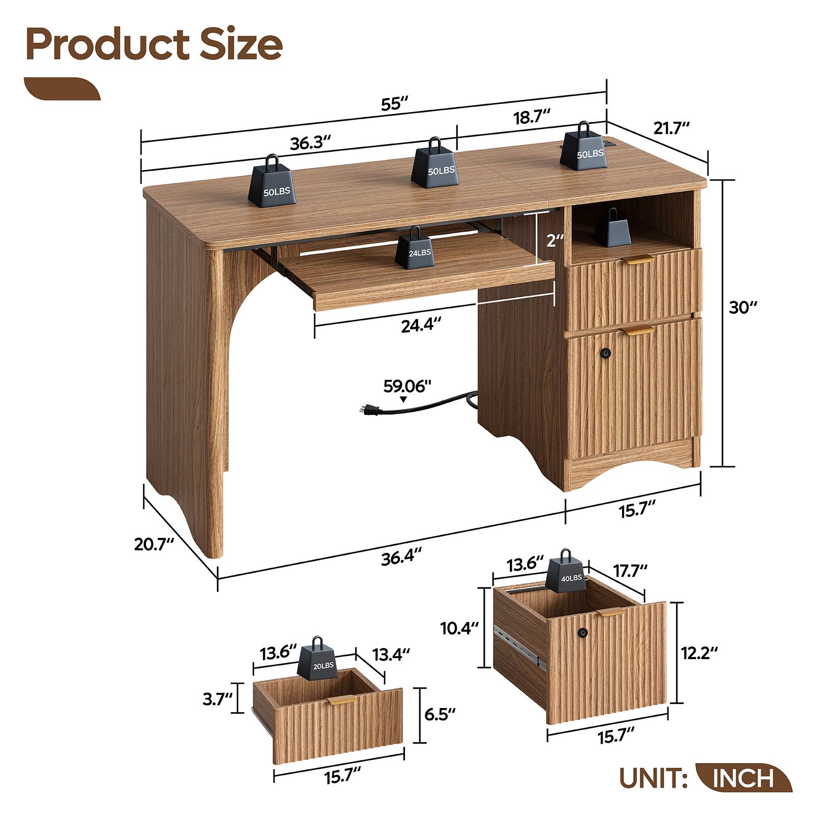 Bestier 55 Inch Executive Desk with Fingerprint Lock & Built in
