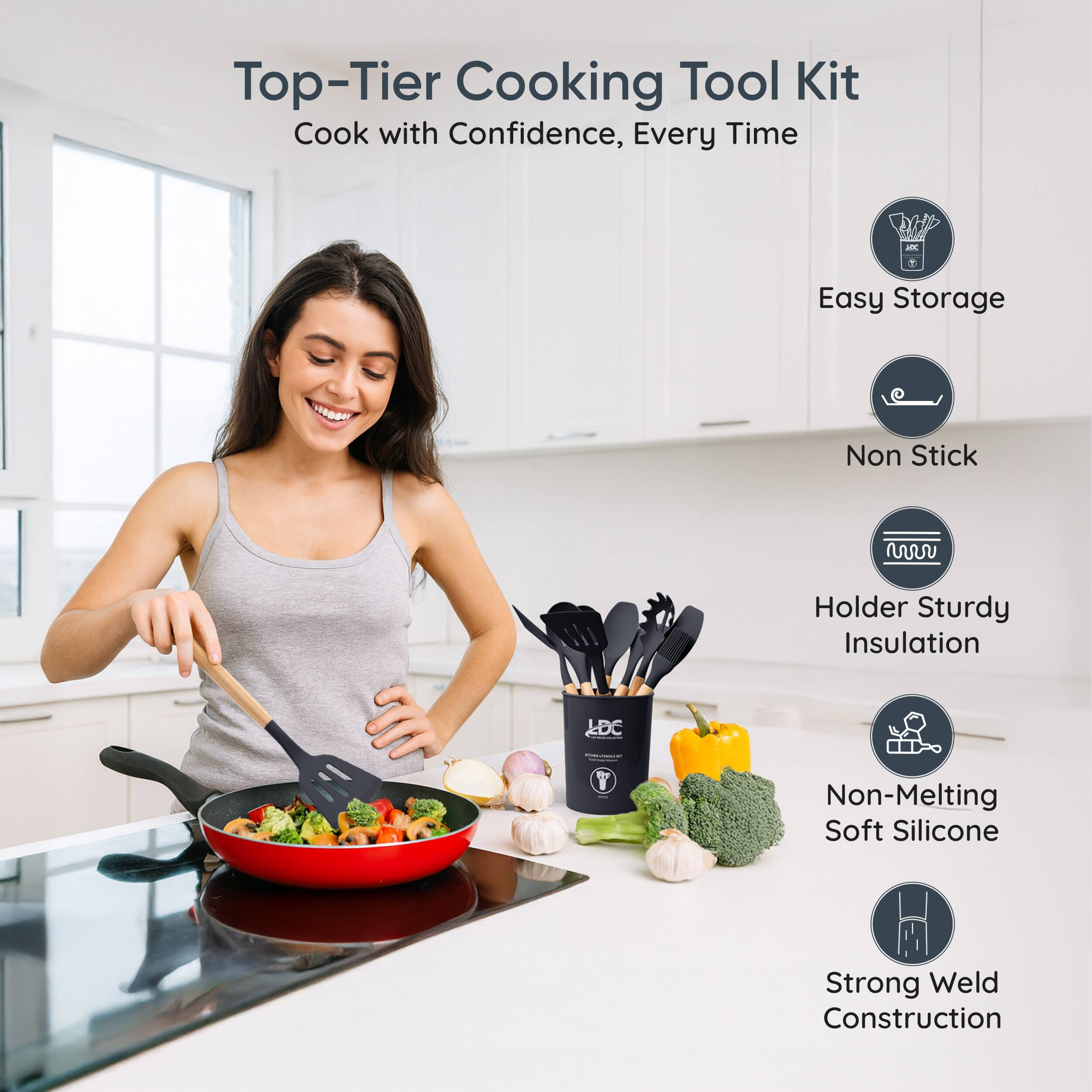 Top-Tier Cooking Tool Kit  
Cook with Confidence, Every Time  

- Easy Storage  
- Non Stick  
- Holder Sturdy Insulation  
- Non-Melting Soft Silicone  
- Strong Weld Construction