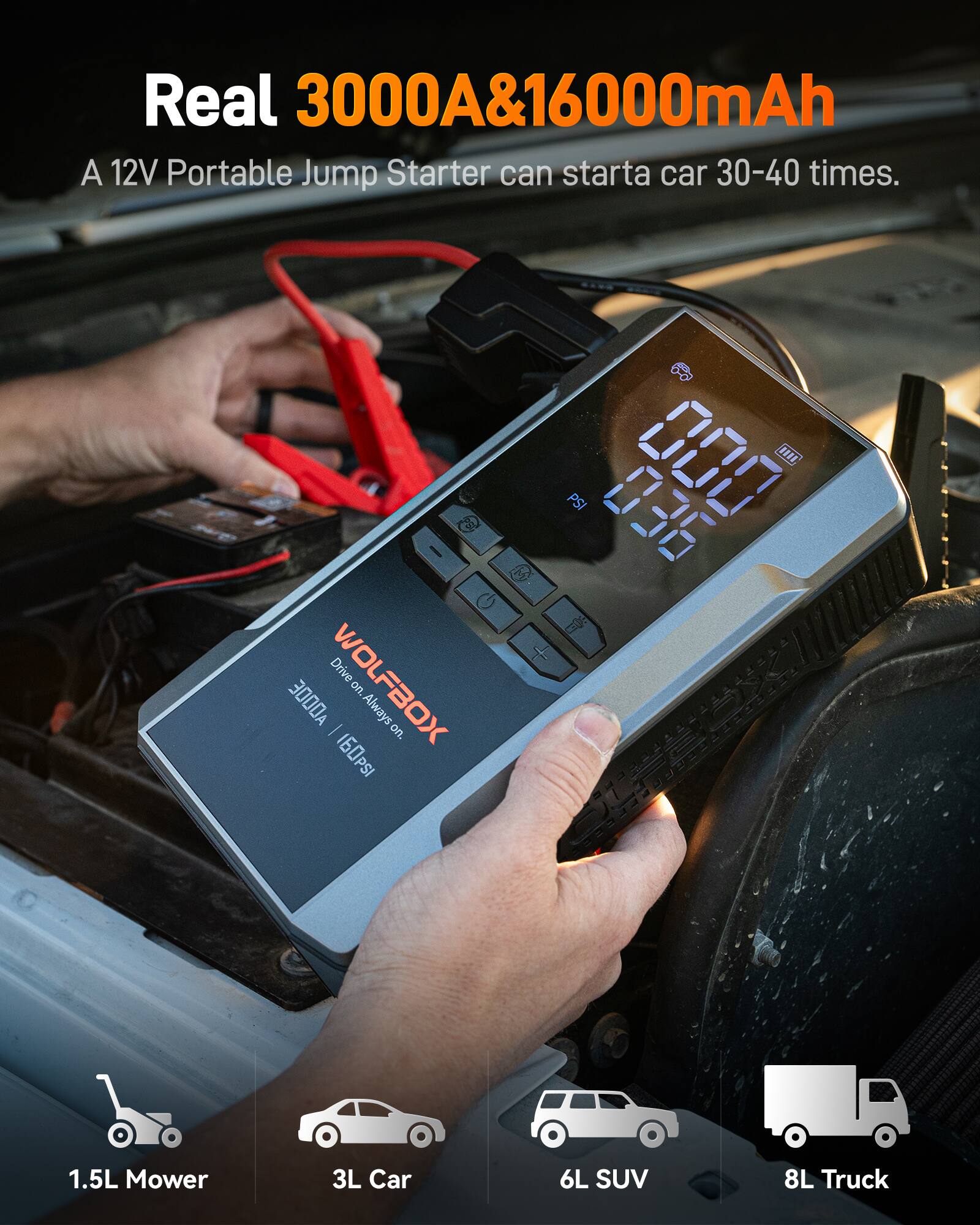 Real 3000A & 16000mAh  
A 12V Portable Jump Starter can start a car 30-40 times.  

6 PSI ORIL Drive Always On.  

1.5L Mower  
3L Car  
6L SUV  
8L Truck