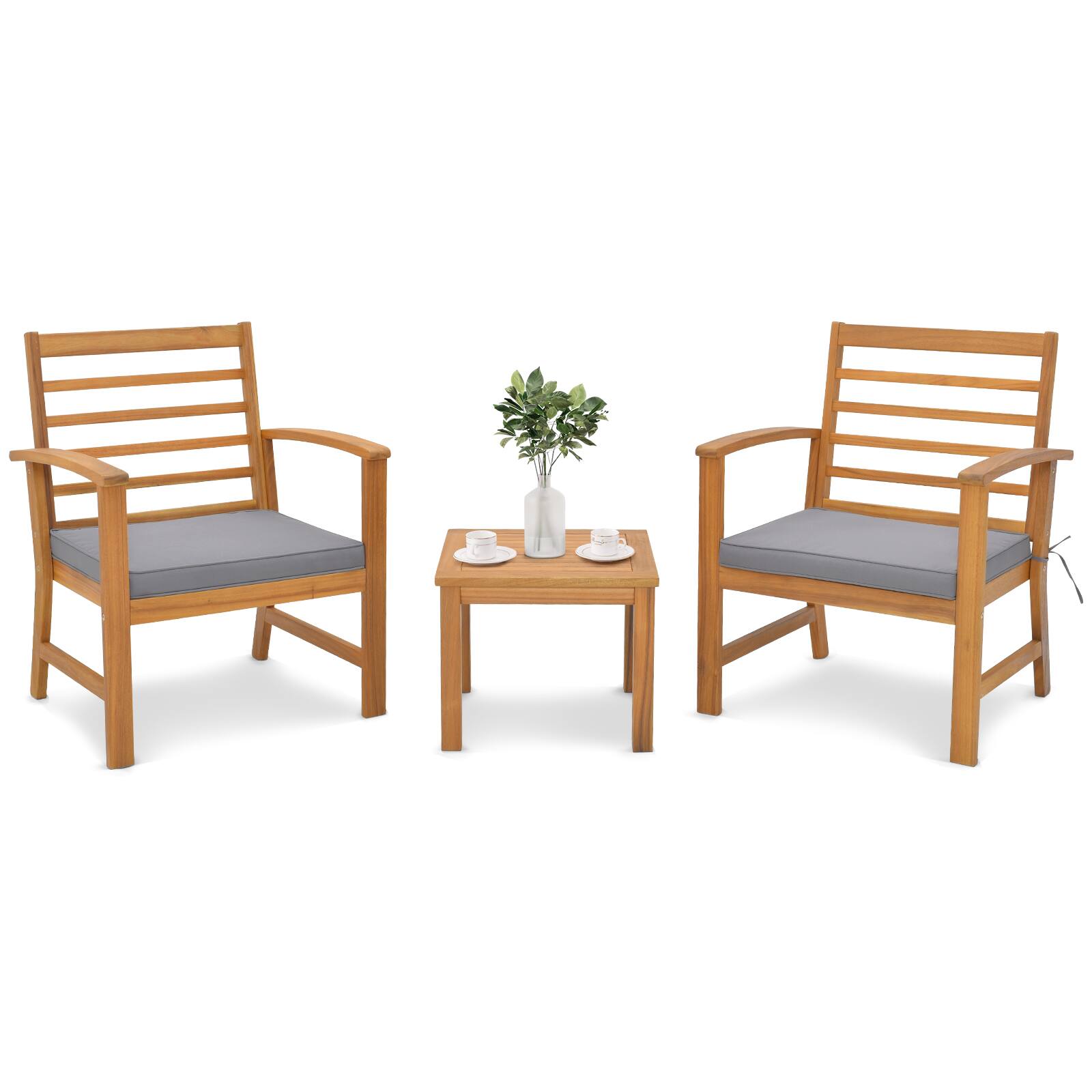 Alt View 7. Gymax - Gymax 3PCS Furniture Set Acacia Wood Conversation Set w/ Soft Seat Cushions Outdoor Gray - Natural, Gray.
