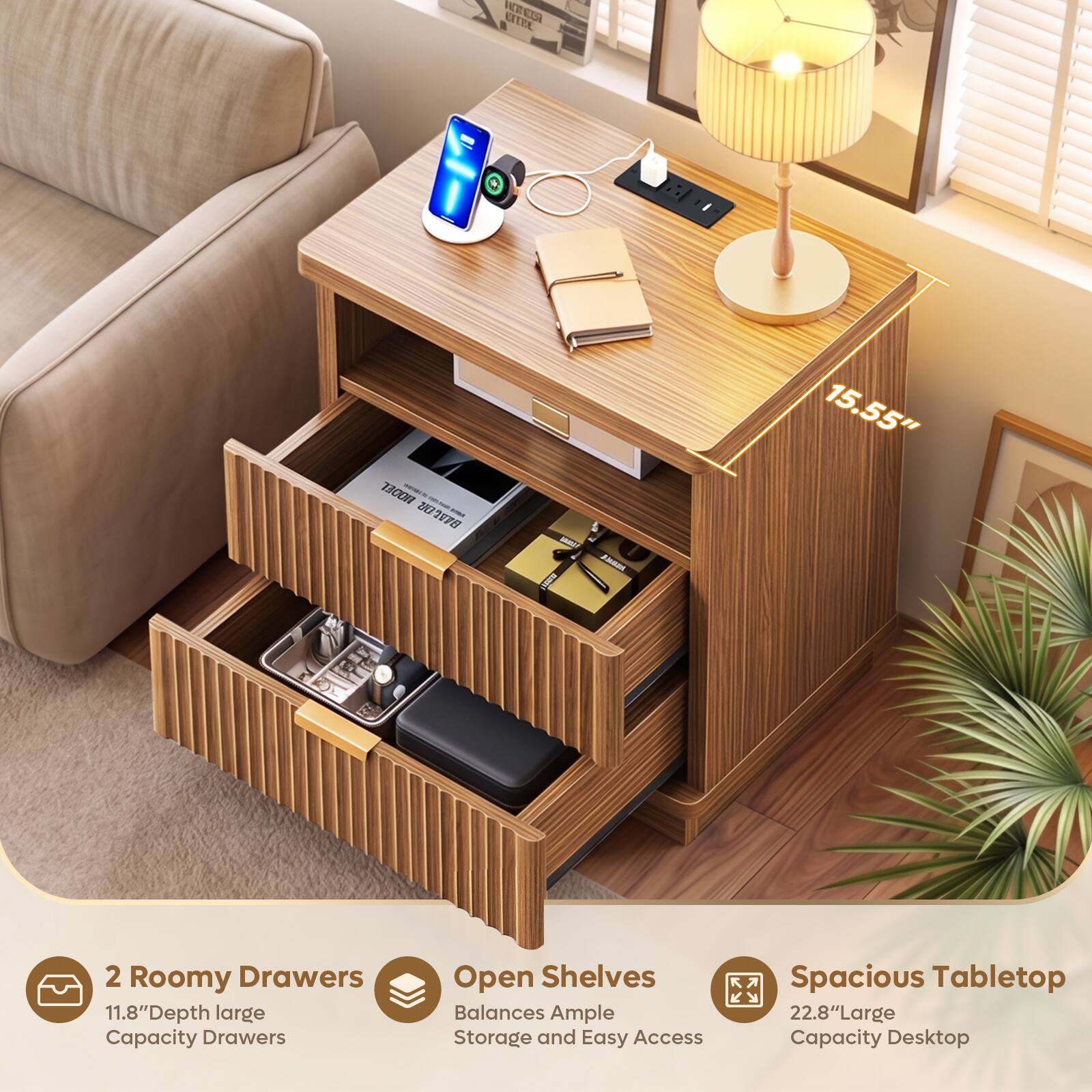 LITRE

HODEL SAMIMIN BITTOU

WARES!

ARRALE

15.55"

2 Roomy Drawers 11.8"Depth large Capacity Drawers

Open Shelves Balances Ample Storage and Easy Access

Spacious Tabletop 22.8"Large Capacity Desktop