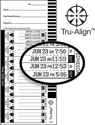 No. ______  
Name ______  
Pay Period Ending ______  
Signature ______  

© 2014 Lathem Time, Printed in the USA  

| Day 1 MONDAY | JUN 21 AM 7:56 IN | JUN 21 PM 5:02 OUT |  
| Day 2 TUESDAY | JUN 21 AM 1:59 OUT | JUN 22 AM 7:50 IN |  
| Day 3 WEDNESDAY | JUN 21 PM 12:55 OUT | JUN 23 AM 11:59 OUT |  
| Day 4 THURSDAY | JUN 23 AM 7:50 IN | JUN 23 PM 12:53 IN |  
| Day 5 FRIDAY | JUN 23 PM 5:06 OUT | |  
| Day 6 SATURDAY | | |  
| Day 7 SUNDAY | | |  

THIS SIDE OUT  

Tru-Align™
