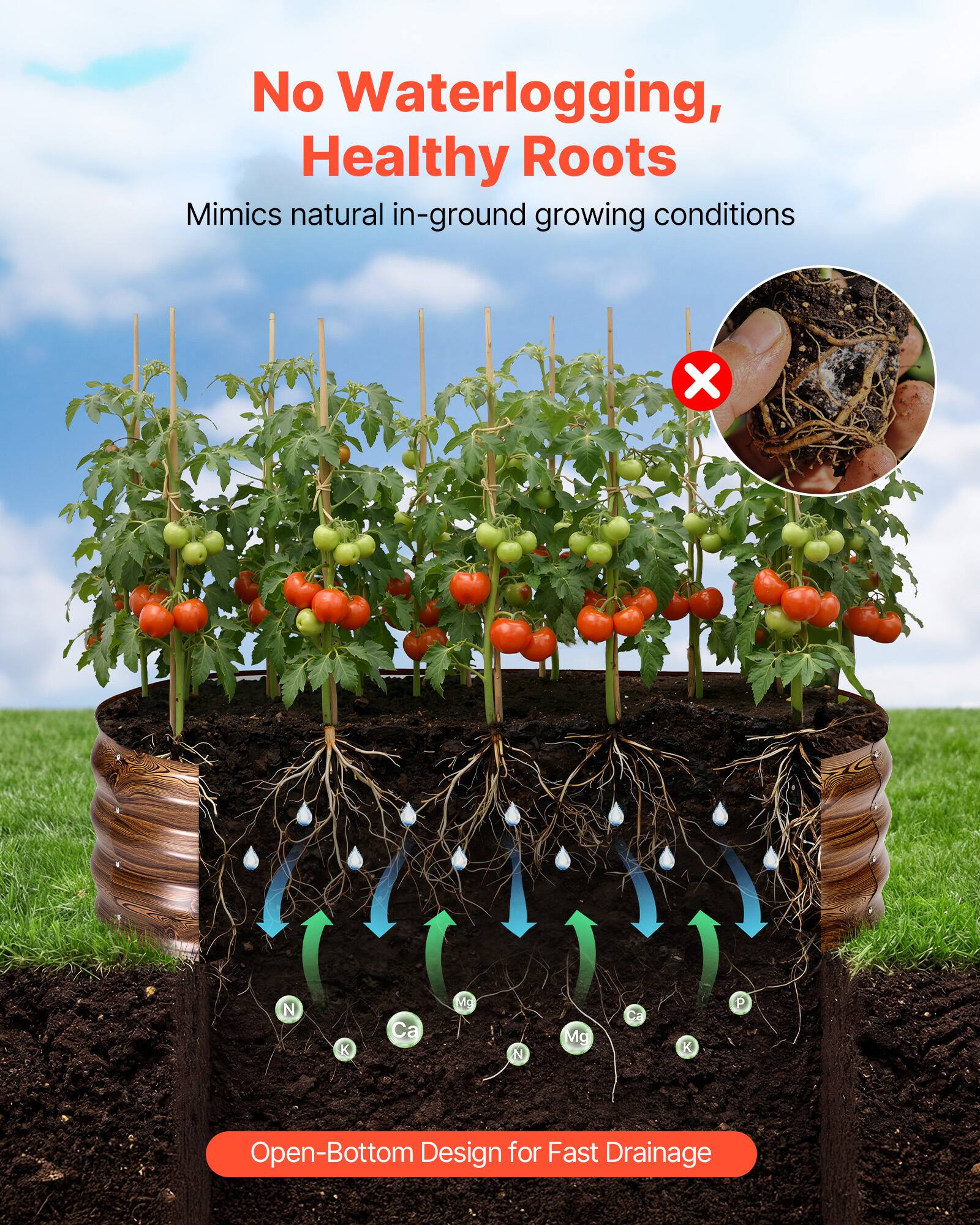No Waterlogging, Healthy Roots  
Mimics natural in-ground growing conditions  

Open-Bottom Design for Fast Drainage