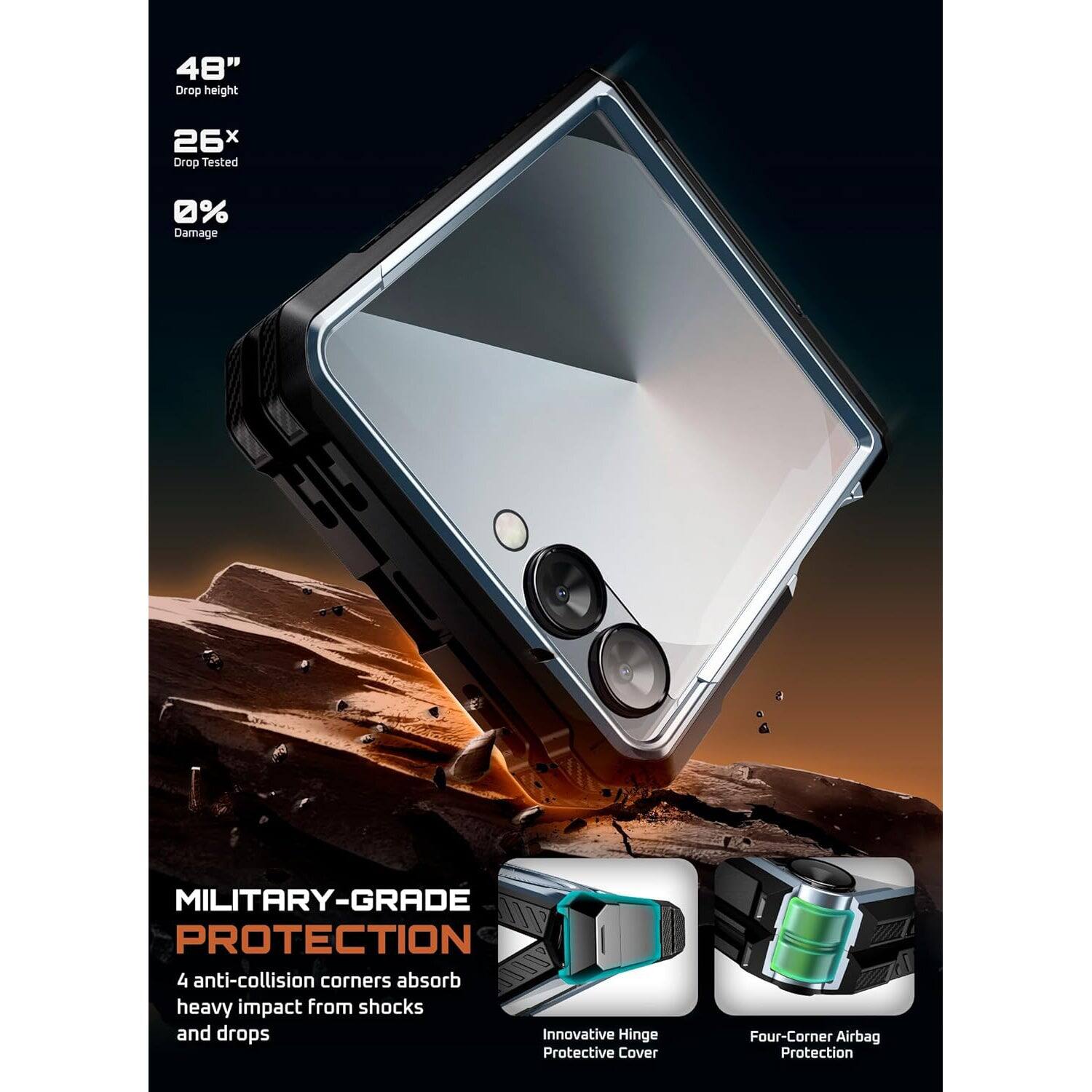 48" Drop height
26x Drop Tested
0% Damage
MILITARY-GRADE PROTECTION
4 anti-collision corners absorb heavy impact from shocks and drops
Innovative Hinge Protective Cover
Four-Corner Airbag Protection