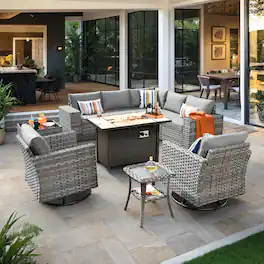 Ovios - 10 PCS Patio Furniture Set Rattan Sectional Sofa with Swivel Chairs, Coffee Table and 42" Fire Pit Table - Dark Gray