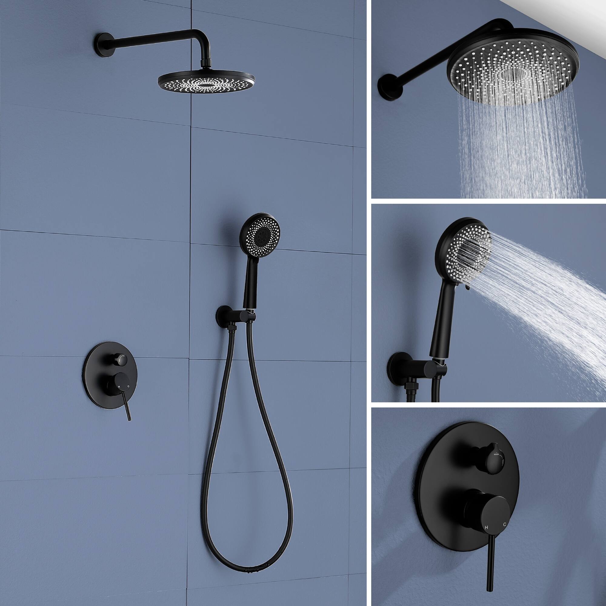 Alt View 3. Boyel Living - Matte Black 9-Inch Rain Shower System Brass ABS 2-Function Valve 6-Function Handheld cUPC - Black.