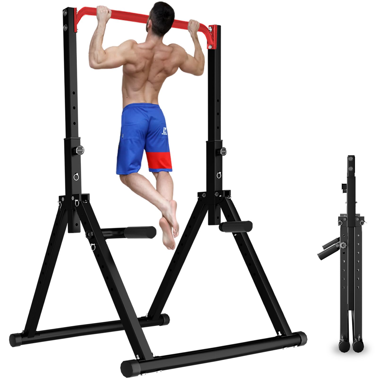 ThinkLink Electronic - Foldable Power Tower Pull Up Bar Dip Station Adjustable Multifunction Workout Gym Strength Equipment For Home - Black Style 3-Red Bar