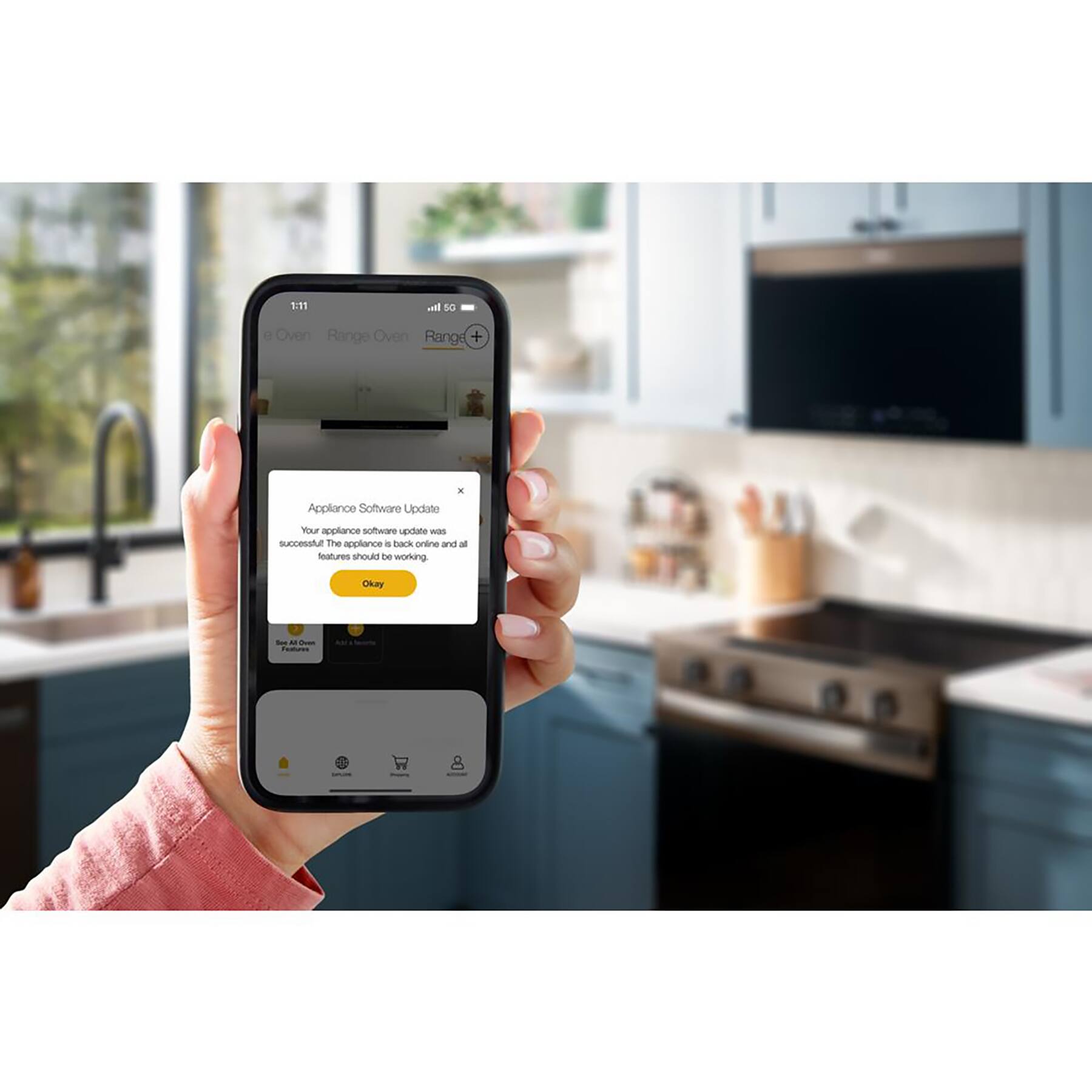 The text on the image reads: "1:17 al 5G o Oven Range Oven Range + Appliance Software Update - Your appliance software update is successful. The appliance is back online and all features should be working. Okay - I'm ready to go."