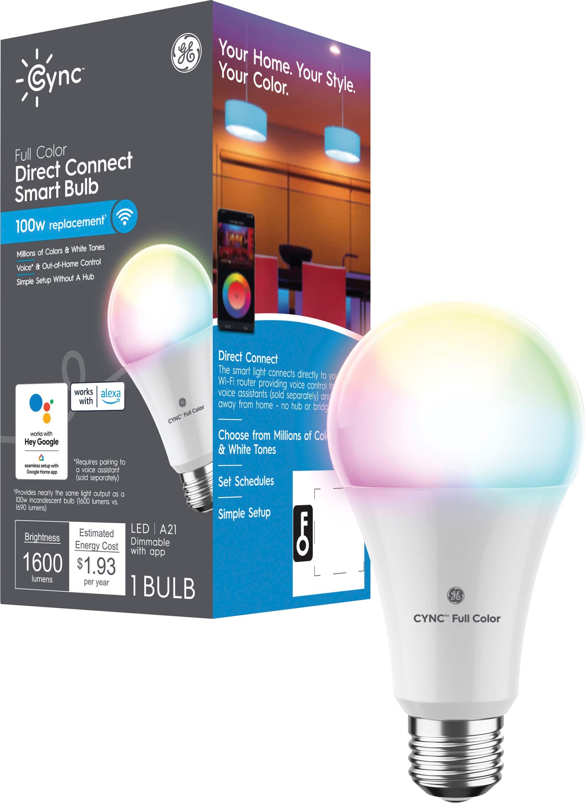 Cync - A21 Smart LED Light Bulbs (1 Pack) - Color Changing - Full Color - Front_Zoom