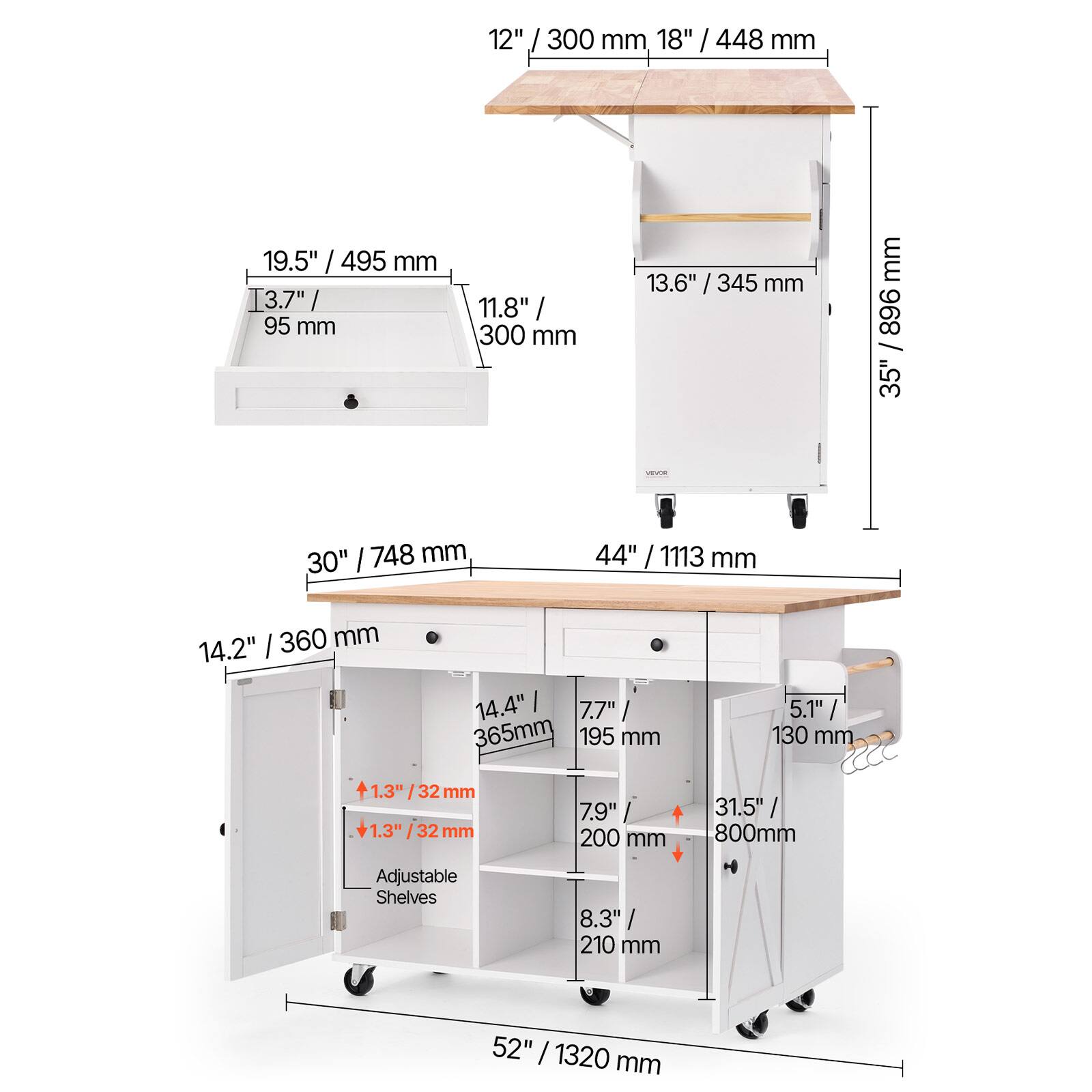 12" / 300 mm, 18" / 448 mm, 19.5" / 495 mm, 13.7" / 95 mm, 11.8" / 300 mm, 13.6" / 345 mm, 3.7" / 95 mm, 30" / 748 mm, 44" / 1113 mm, 360 mm, 14.2", 14.4" / 365mm, 7.7" / 195 mm, 1.3"/32mm, 1.3" / 32 mm, 7.9" / 200 mm, 1.3" / 32 mm, 5.1" / 130 mm, 31.5" / 800mm, Adjustable Shelves, 8.3" / 210 mm, 52" / 1320 mm