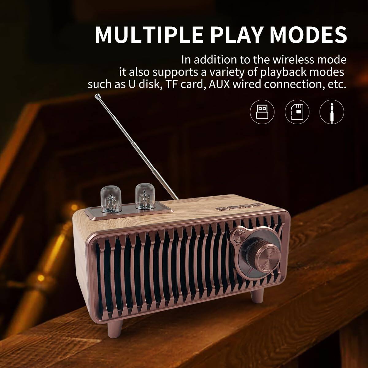 MULTIPLE PLAY MODES

In addition to the wireless mode, it also supports a variety of playback modes such as U disk, TF card, AUX wired connection, etc.