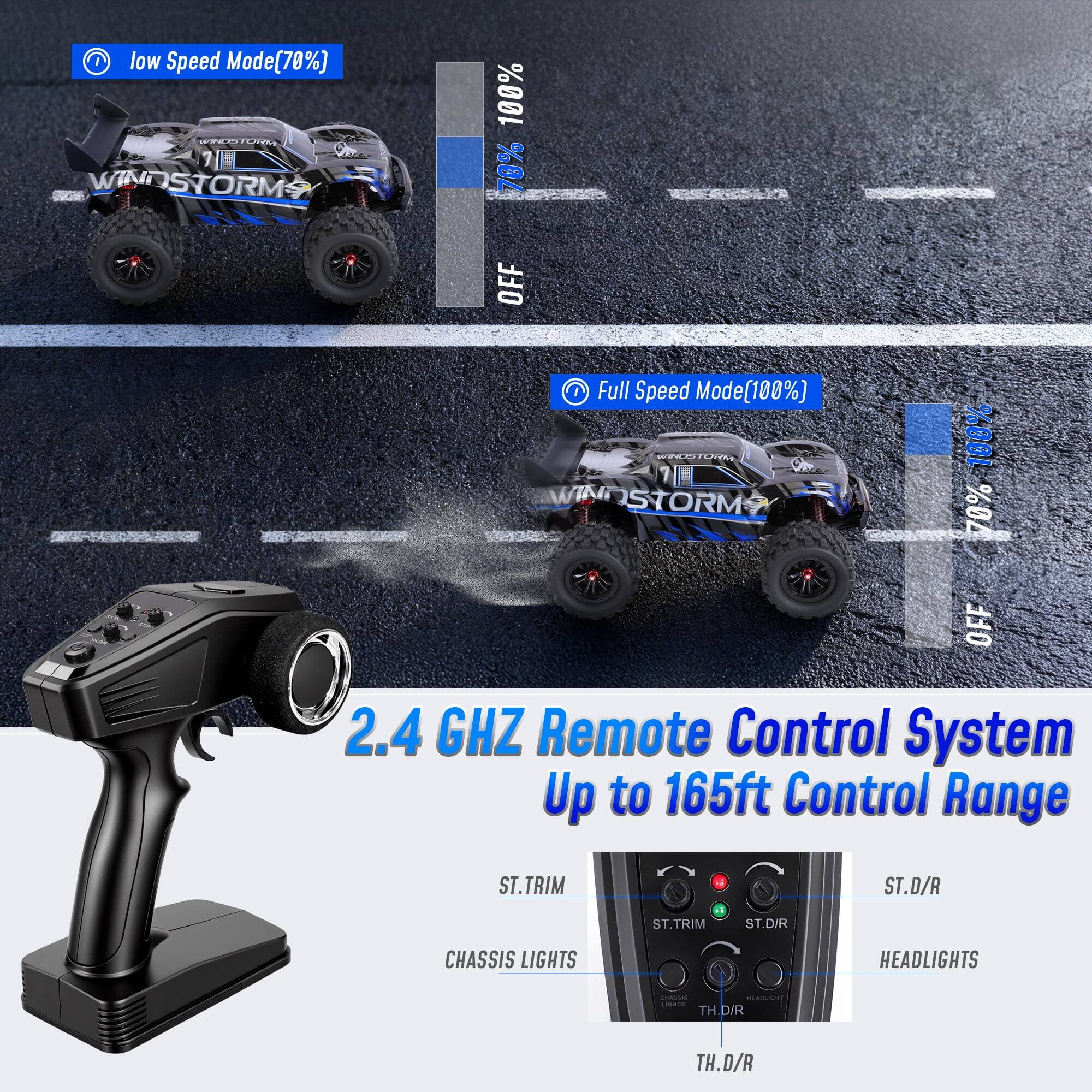 I low Speed Mode(70%) WINDSTORM 100% WINDSTORMS 70% OFF Full Speed Mode (100%) WINDSTORM 100% WINDSTORM 70% OFF 2.4 GHZ Remote Control System Up to 165ft Control Range

ST.TRIM
ST.D/R
ST.TRIM
ST.DIR
CHASSIS LIGHTS
HEADLIGHTS
CHANGEMED MILHOLIGHT LIGHTS TH.D/R
TH.D/R