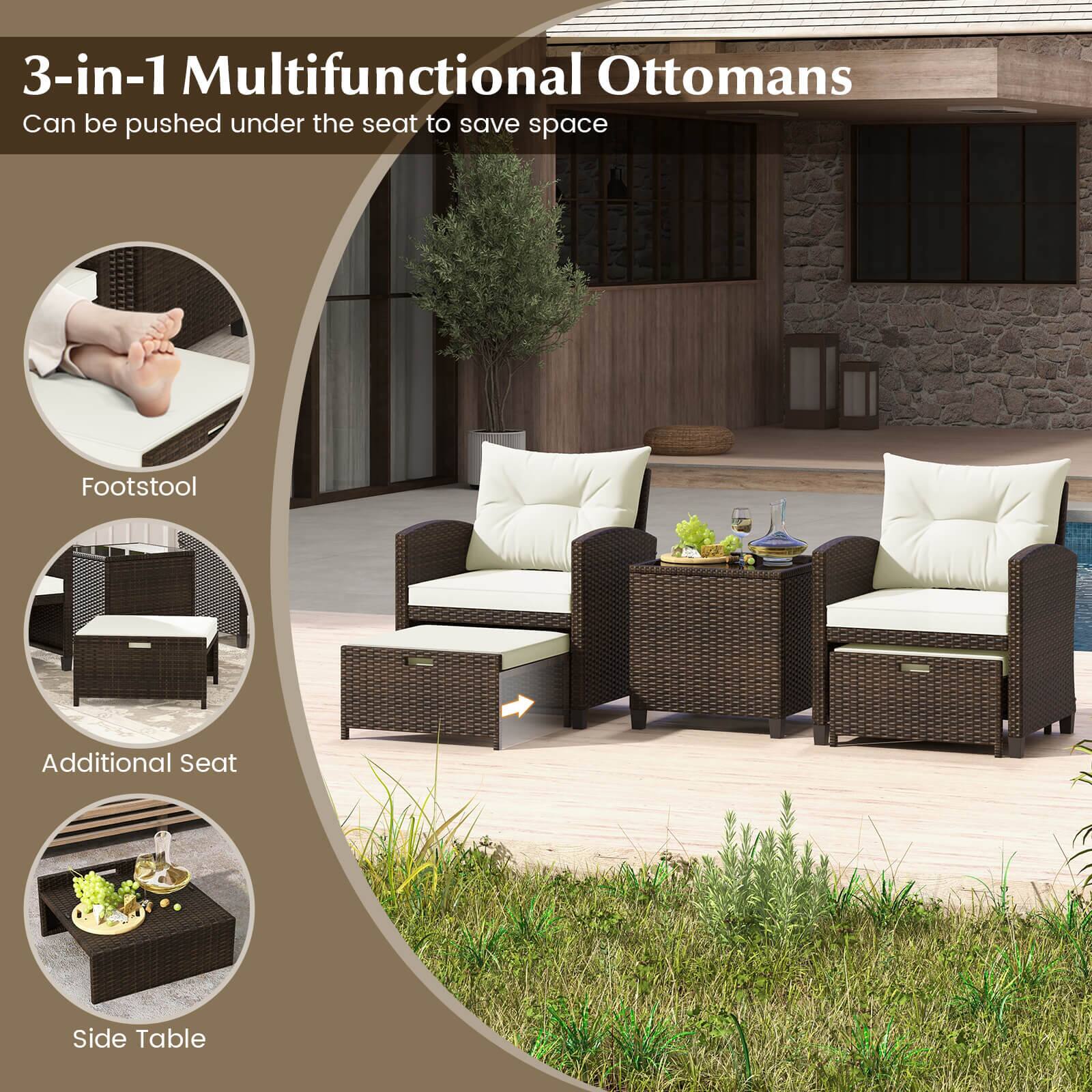 3-in-1 Multifunctional Ottomans: Can be pushed under the seat to save space, Footstool, Additional Seat, Side Table.